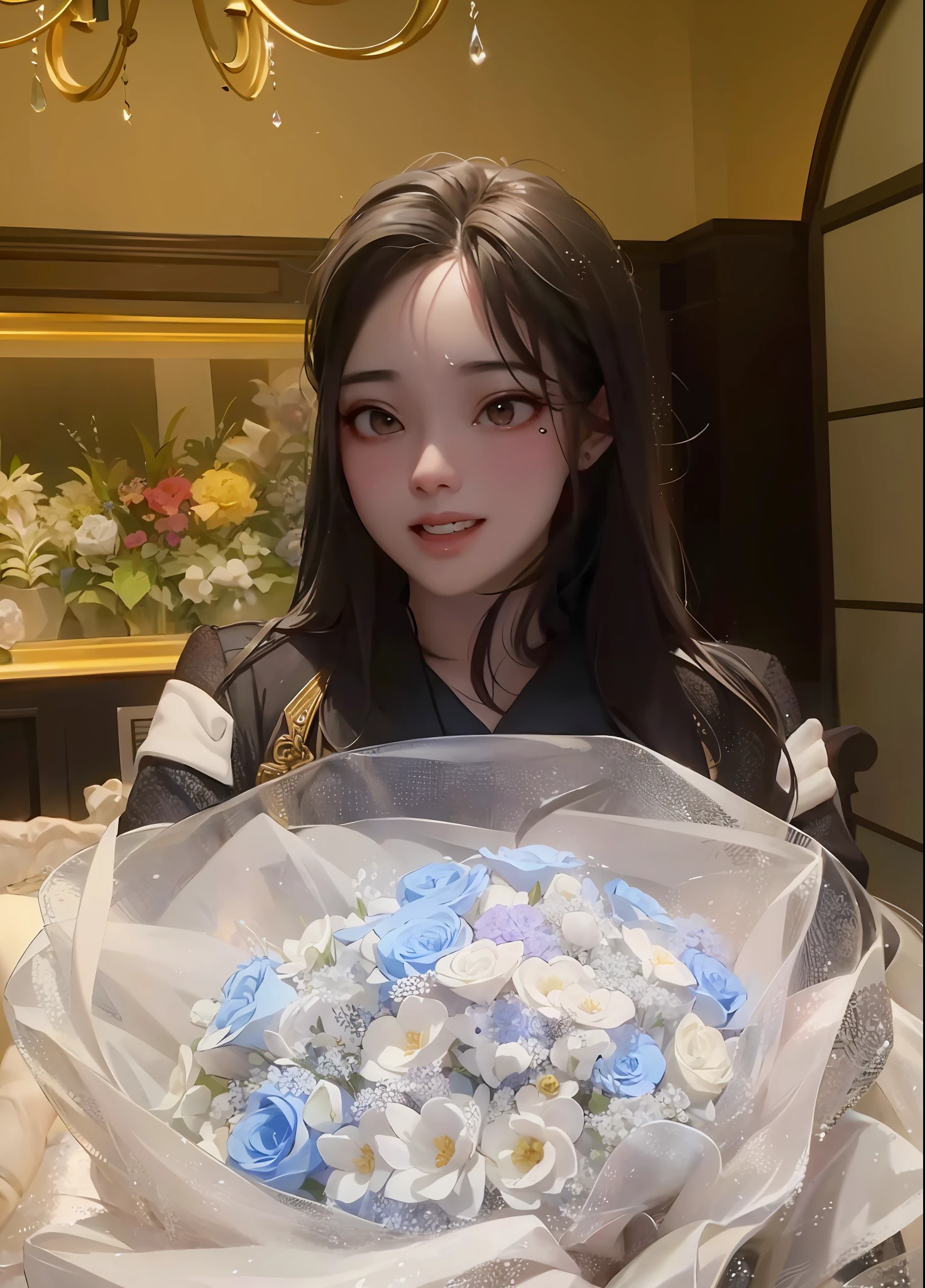 There is a beautiful woman holding a bouquet of flowers in the room, 21 years old, Ye Wenfei, Zhang Louise, there are frozen flowers around her, 19-year-old girl, inspired by Zhang Shuqi, there are flowers, Chen Xintong, 2 , Wu Xisen, small eyes