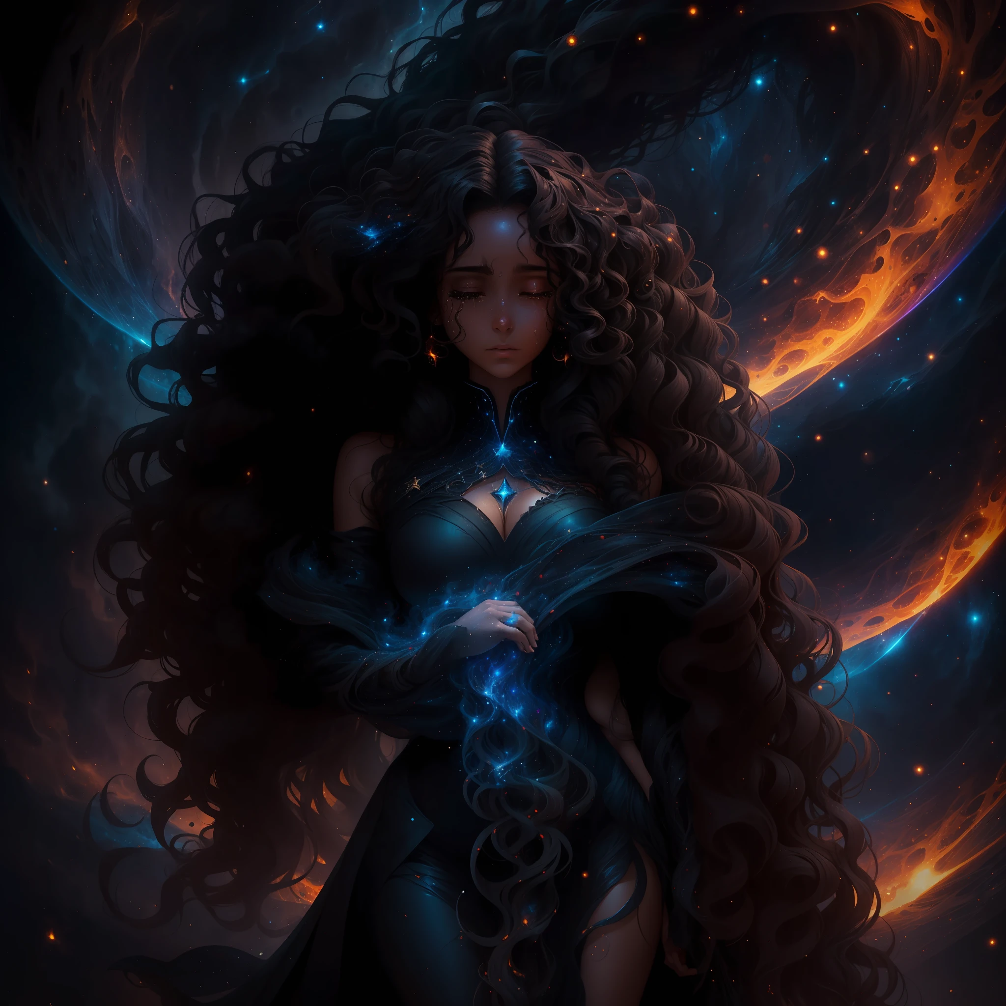 A dark woman with long curly hair emerges her burning figure in an environment of absolute infinite cosmos, her tears are stars