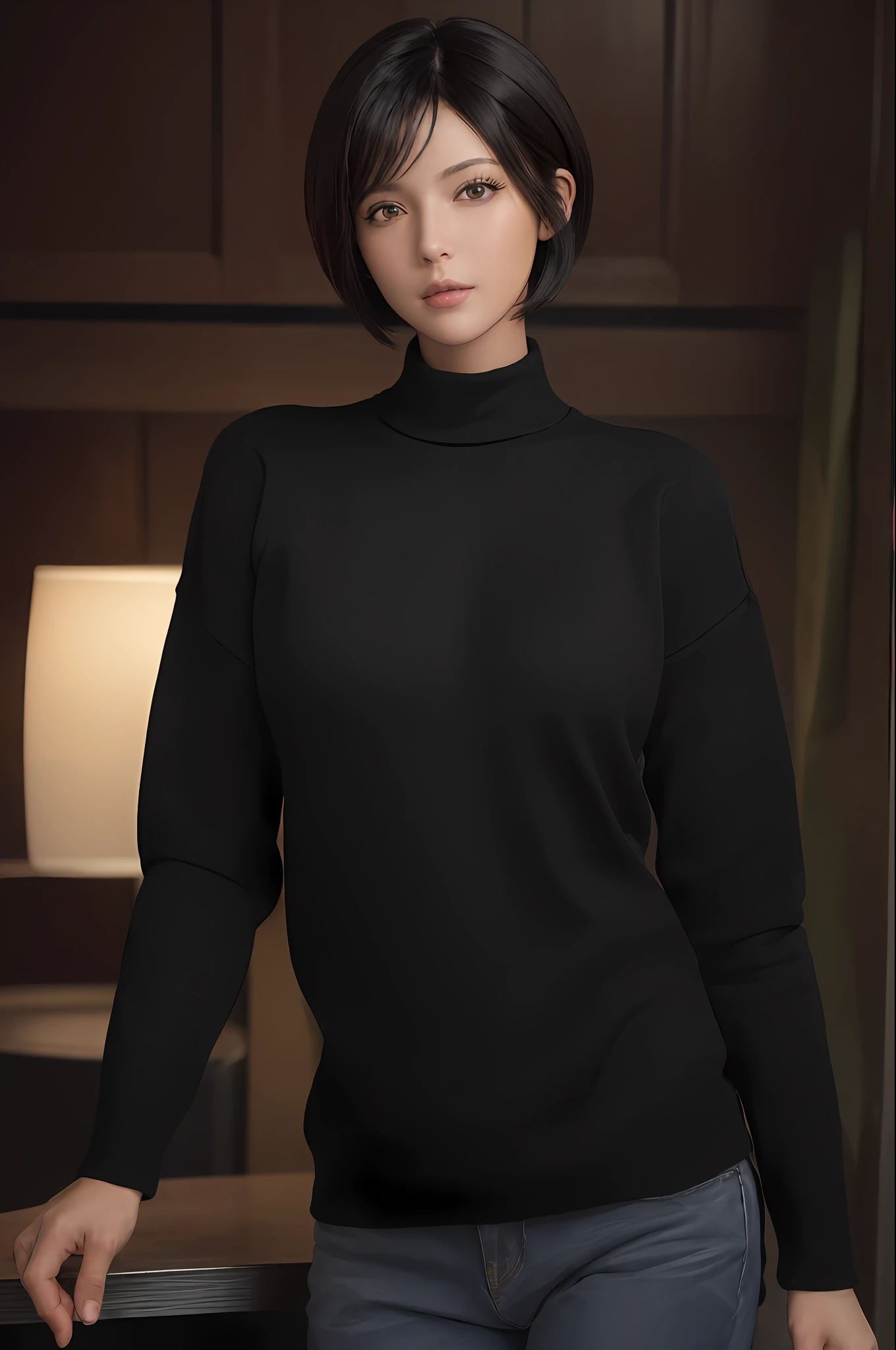 (masterpiece:1.3), (8k, photorealistic, RAW photo, best quality: 1.4), (1girl), beautiful face, (realistic face), (black hair, short hair:1.3), beautiful hairstyle, realistic eyes, beautiful detailed eyes, (realistic skin), beautiful skin, (sweater), absurdres, attractive, ultra high res, ultra realistic, highly detailed, golden ratio