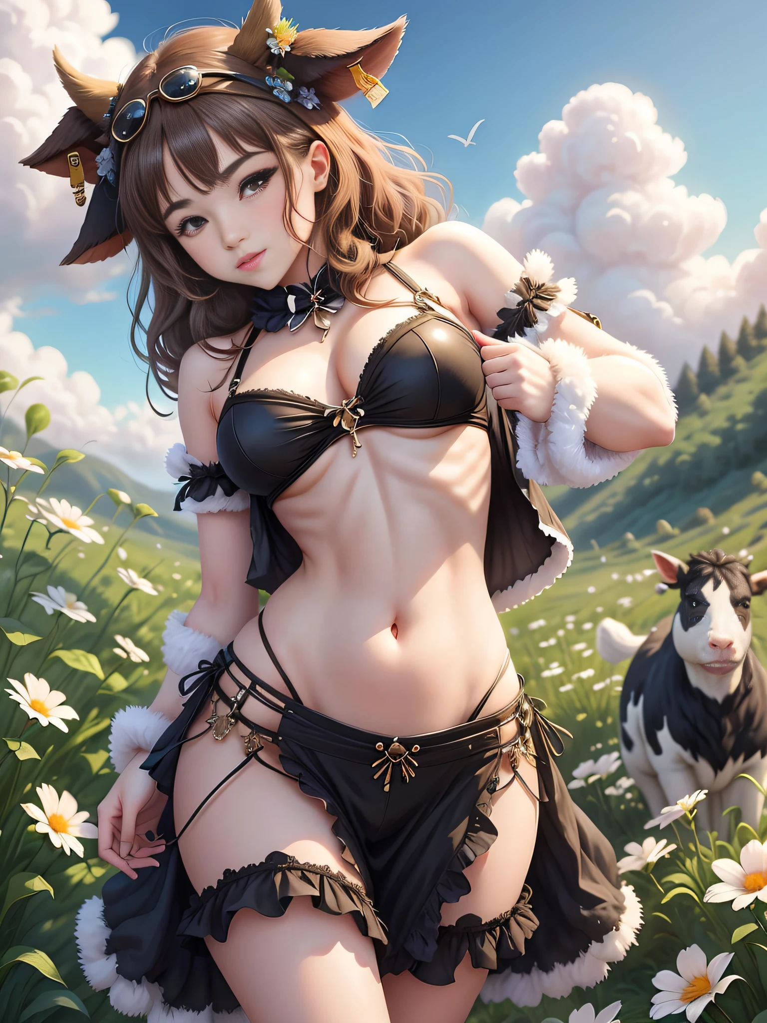 1 sexy girl fluffy and a cow photo, cute fur,