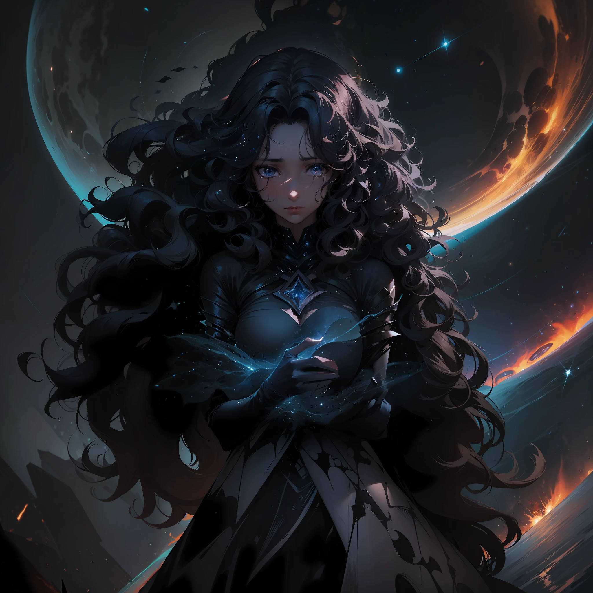 A dark woman with long curly hair emerges her burning figure in an environment of absolute infinite cosmos, her tears are stars