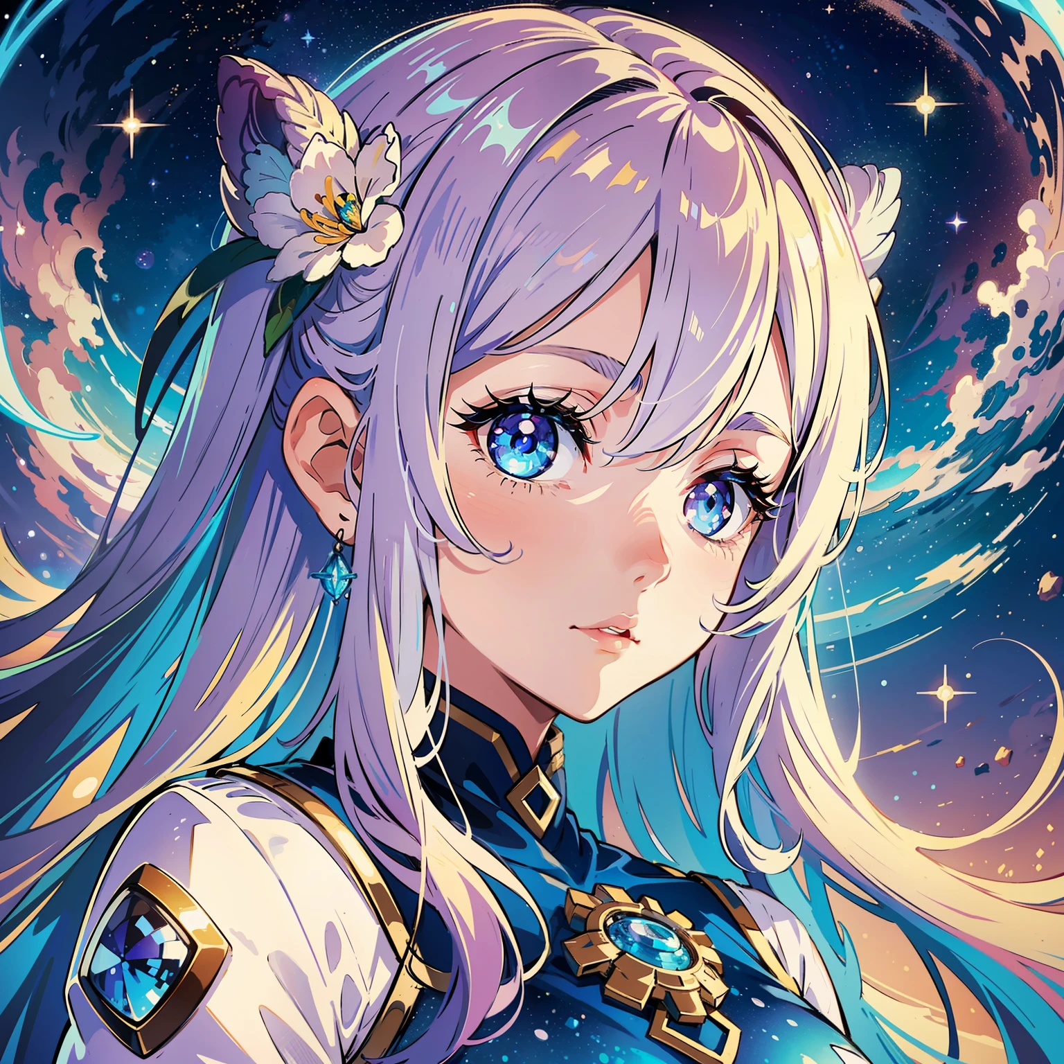 A girl in space captivates with her ((heterochromatic eyes)), each iris displaying a unique and enchanting color combination. Her eyes shimmer like celestial gems, reflecting the wonders of the cosmos. The illustrative style takes inspiration from the ethereal works of Jasmine Becket-Griffith, known for her enchanting and fantastical character illustrations. The color palette combines celestial shades of blues, purples, and hints of stardust-like glimmers. The camera angle captures the girl in a contemplative gaze, highlighting the mesmerizing beauty of her heterochromatic eyes amidst the vastness of space.