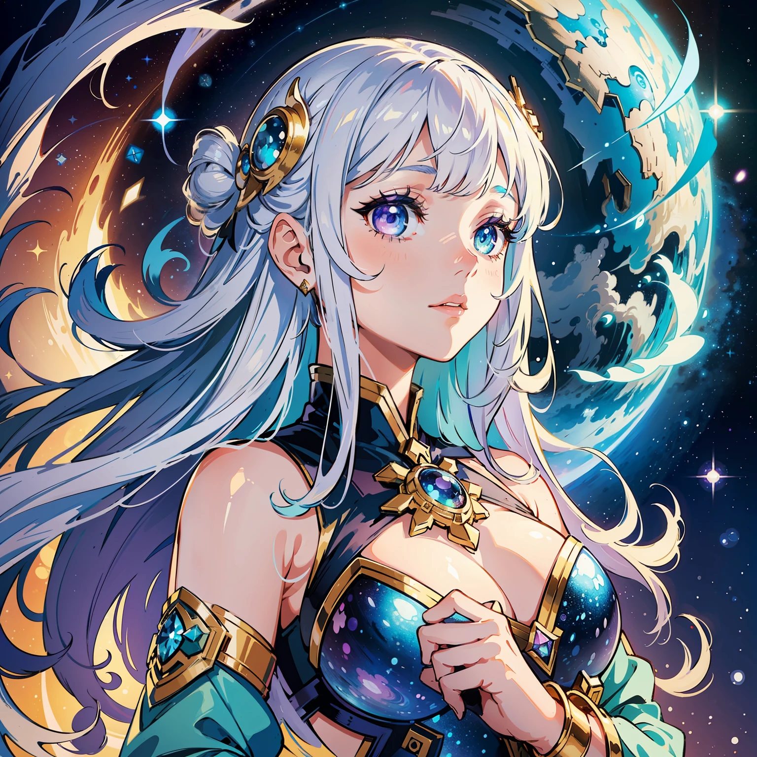 A girl in space captivates with her ((heterochromatic eyes)), each iris displaying a unique and enchanting color combination. Her eyes shimmer like celestial gems, reflecting the wonders of the cosmos. The illustrative style takes inspiration from the ethereal works of Jasmine Becket-Griffith, known for her enchanting and fantastical character illustrations. The color palette combines celestial shades of blues, purples, and hints of stardust-like glimmers. The camera angle captures the girl in a contemplative gaze, highlighting the mesmerizing beauty of her heterochromatic eyes amidst the vastness of space.