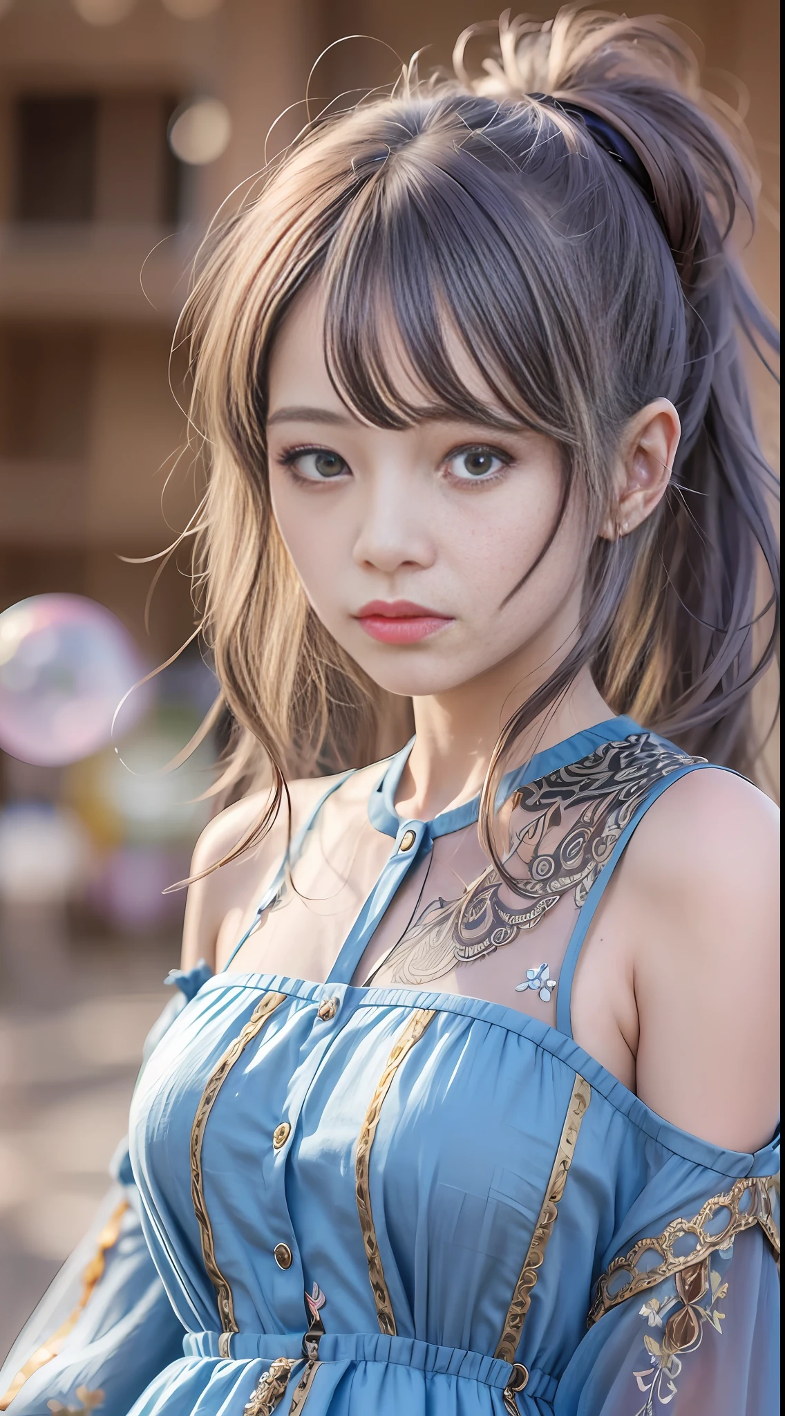 (masterpiece), (best quality), (ultra detailed),(disheveled hair),(illustration), (1girl), (Fashionable clothing), standing, Fashion model, looking at viewer, (interview), (simple background),beautiful detailed eyes, delicate beautiful face, Floating,(high saturation),(colorful splashes),colorful bubble,(shining), focus on face,  ponytail, kamisato ayaka, light blue hair, bangs, hair ring, floating flowers, floating hairs, (shining), best lighting, best shadow,