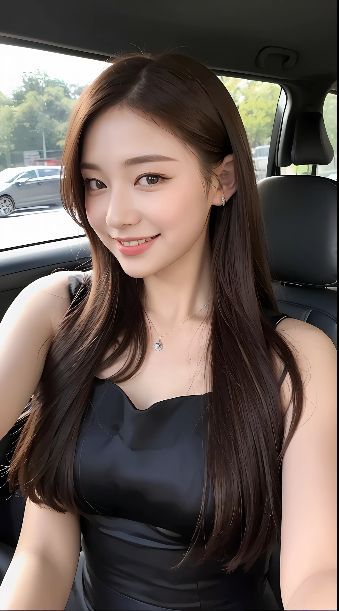 ((Best quality, 8k, Masterpiece :1.3)), 1girl, taking selfie, in a car, smiling, slim face, Pretty woman, (Dark brown hair), full length dress :1.1, Ultra-detailed face, Detailed eyes, Double eyelid, blur background, slim face, city