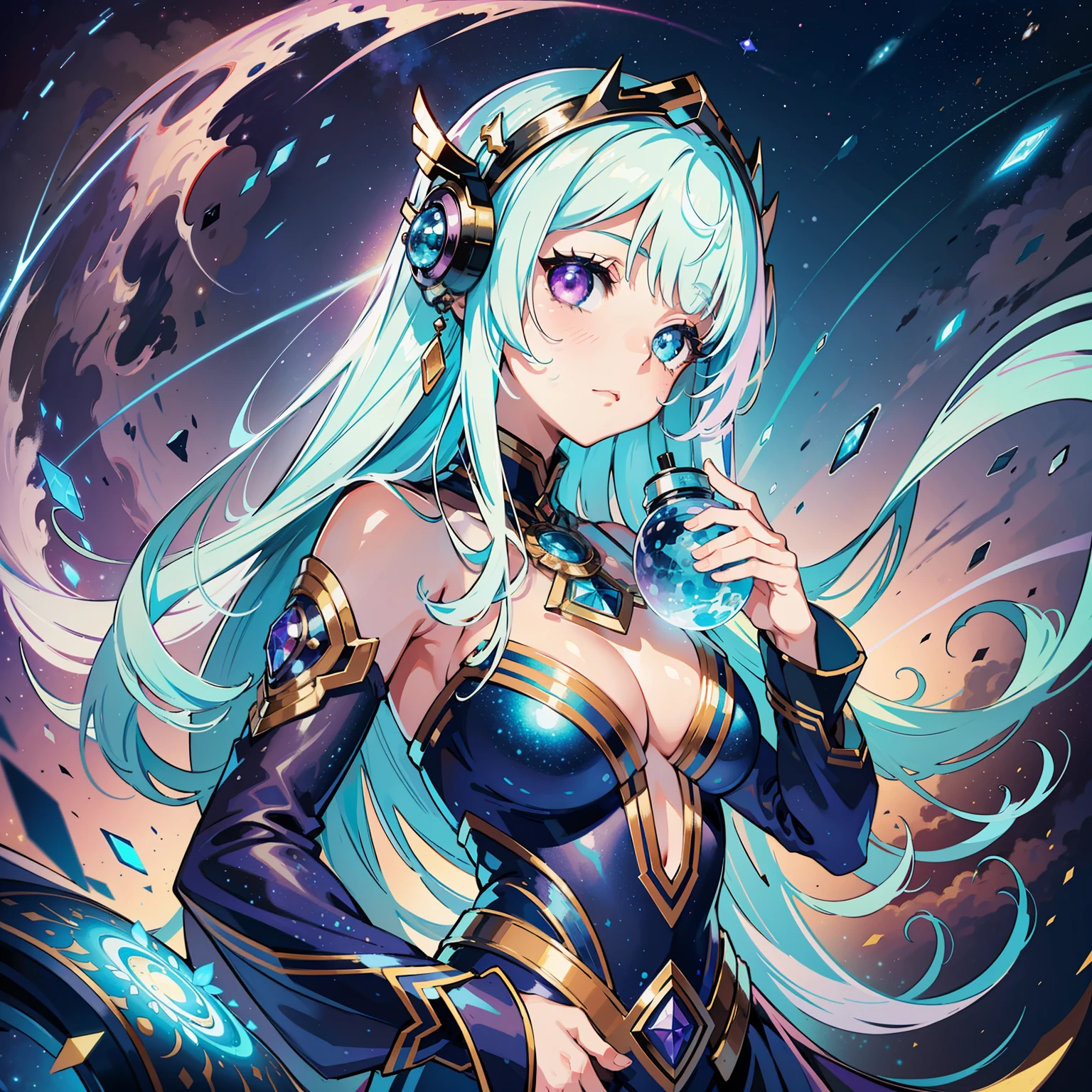 A girl in space captivates with her ((heterochromatic eyes)), each iris displaying a unique and enchanting color combination. Her eyes shimmer like celestial gems, reflecting the wonders of the cosmos. The illustrative style takes inspiration from the ethereal works of Jasmine Becket-Griffith, known for her enchanting and fantastical character illustrations. The color palette combines celestial shades of blues, purples, and hints of stardust-like glimmers. The camera angle captures the girl in a contemplative gaze, highlighting the mesmerizing beauty of her heterochromatic eyes amidst the vastness of space.