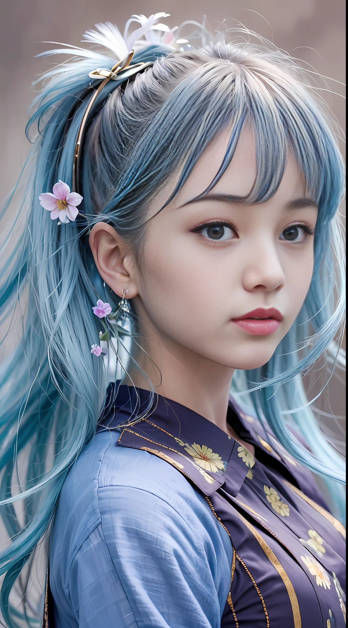 (masterpiece), (best quality), (ultra detailed),(disheveled hair),(illustration), (1girl), (Fashionable clothing), standing, Fashion model, looking at viewer, (interview), (simple background),beautiful detailed eyes, delicate beautiful face, Floating,(high saturation),(colorful splashes),colorful bubble,(shining), focus on face, ponytail, kamisato ayaka, light blue hair, bangs, hair ring, floating flowers, floating hairs, (shining), best lighting, best shadow,