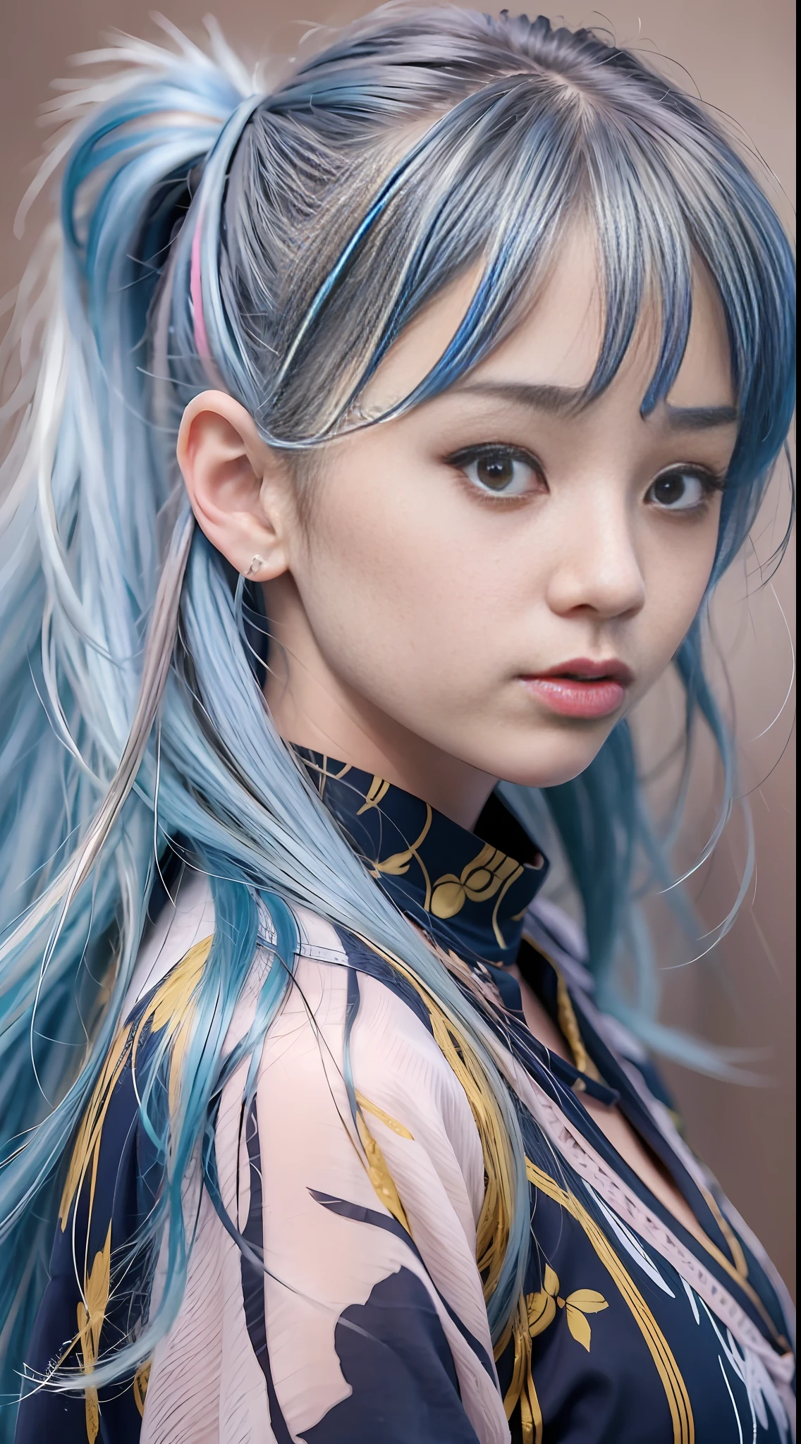 (masterpiece), (best quality), (ultra detailed),(disheveled hair),(illustration), (1girl), (Fashionable clothing), standing, Fashion model, looking at viewer, (interview), (simple background),beautiful detailed eyes, delicate beautiful face, Floating,(high saturation),(colorful splashes),colorful bubble,(shining), focus on face, ponytail, kamisato ayaka, light blue hair, bangs, hair ring, floating flowers, floating hairs, (shining), best lighting, best shadow,