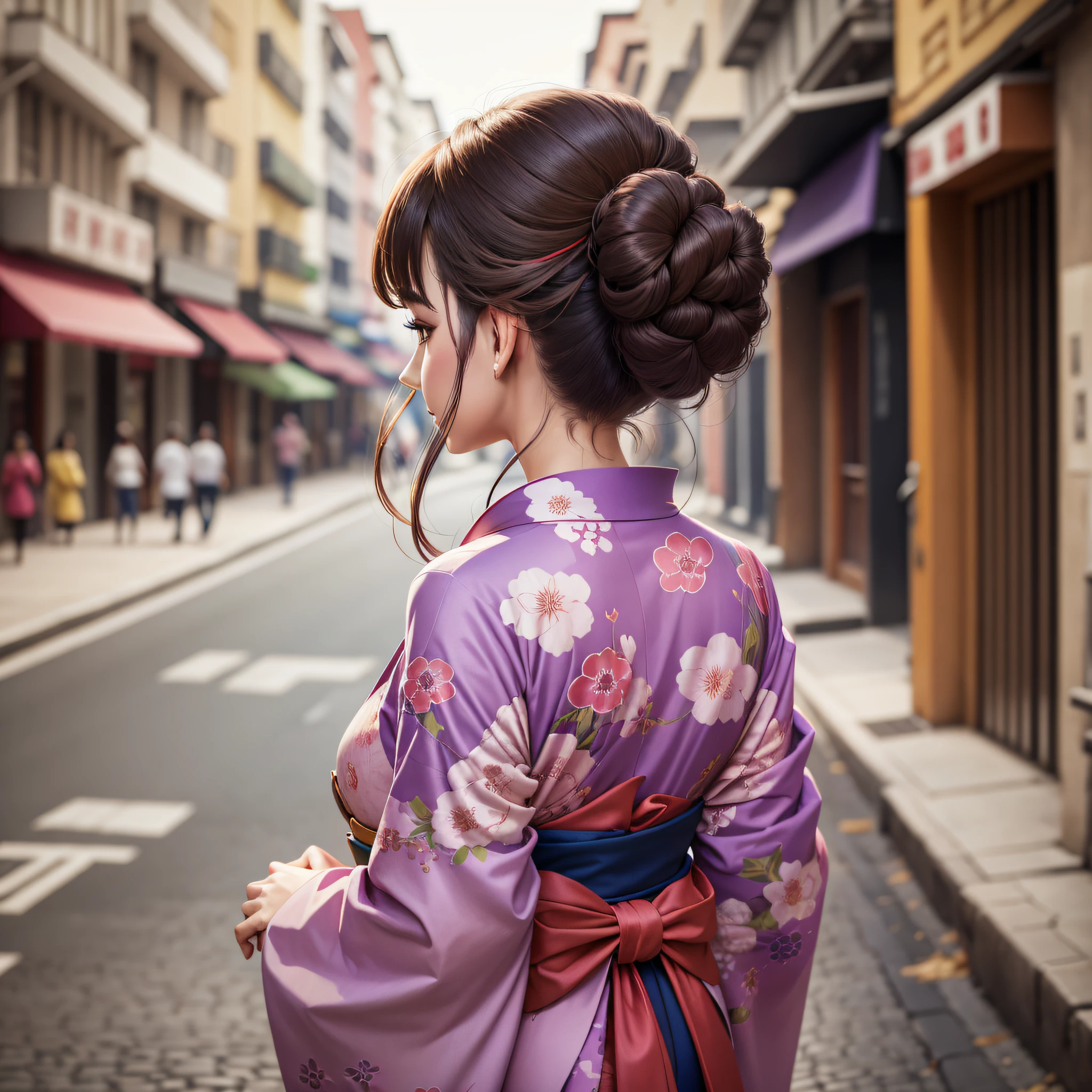 A beautiful girl with lustrous hair in a chignon. She is walking down the street in a beautiful and colorful kimono, showing the nape of her neck. Composition taken from the back, where the nape of her neck is beautifully visible. Luminous light style, Nikon L35af, incredibly beautiful, youthful, romantic, cranberry core, photography, raw photos, top quality --auto --s2