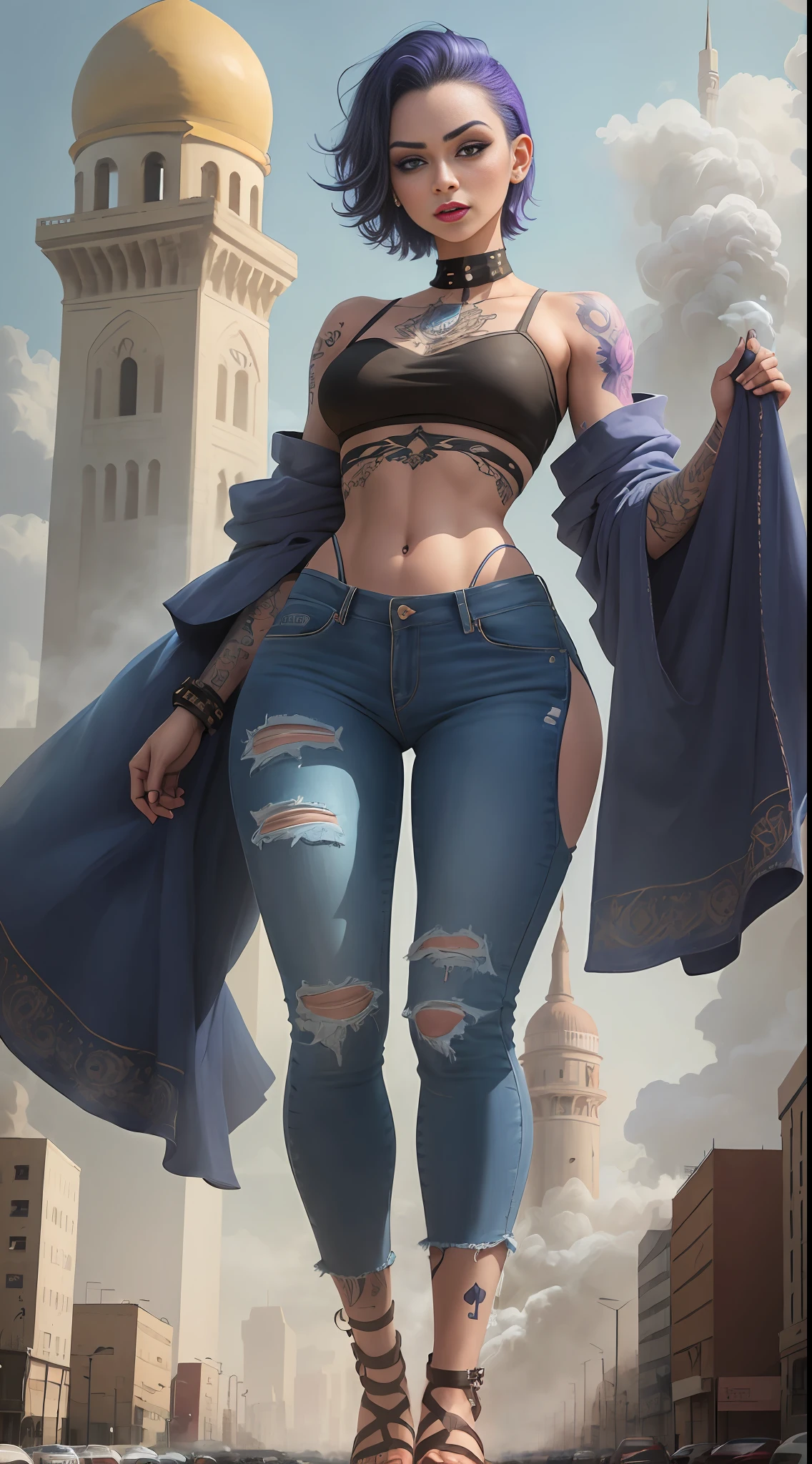 giantess art, giantess, crop top, jeans, hands raised, frowned eyebrows, runied, middle eastern city, mosque, blue colored short hair, smoke, sandstorm, (((towering over you))), (full body), feminist, lgbt, colorful tattoos, heavy makeup, piercing, smirking