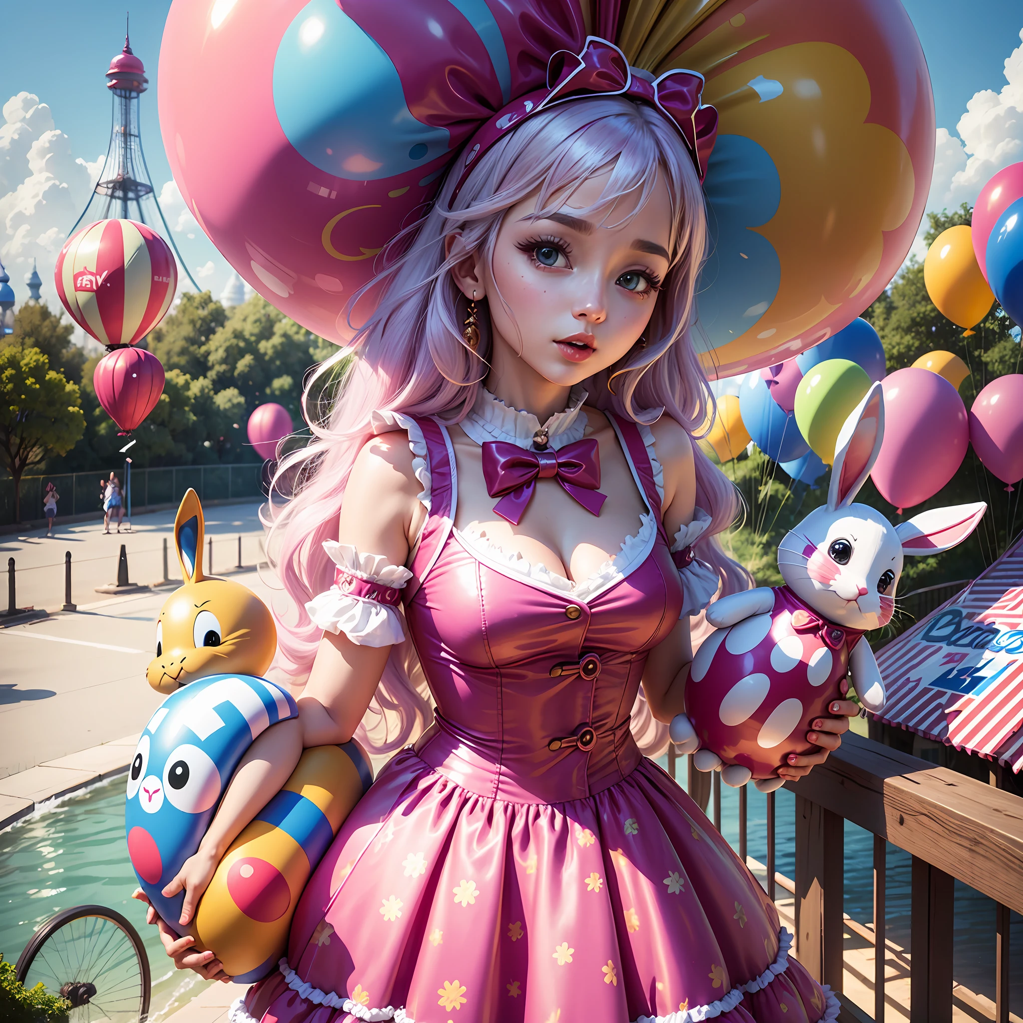 Beauty, shiny outfit, rabbit outfit, balloon, cute, amusement park scene, rich color matching, blind box style, toy model, highly detailed, ultra high definition, 8K UHD --auto --v 6 --s2