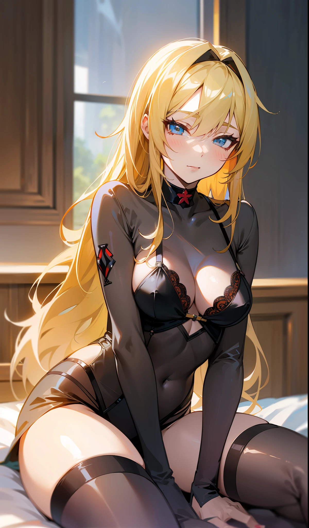 a woman in lingerie sitting on a bed with a window, seductive anime girl, ecchi, fine details. girls frontline, attractive anime girl, from girls frontline, ecchi anime style, blonde anime girl with long hair, beautiful alluring anime woman, beautiful alluring anime , beautiful anime girl squatting, anime best girl, anime barbie in white stockings