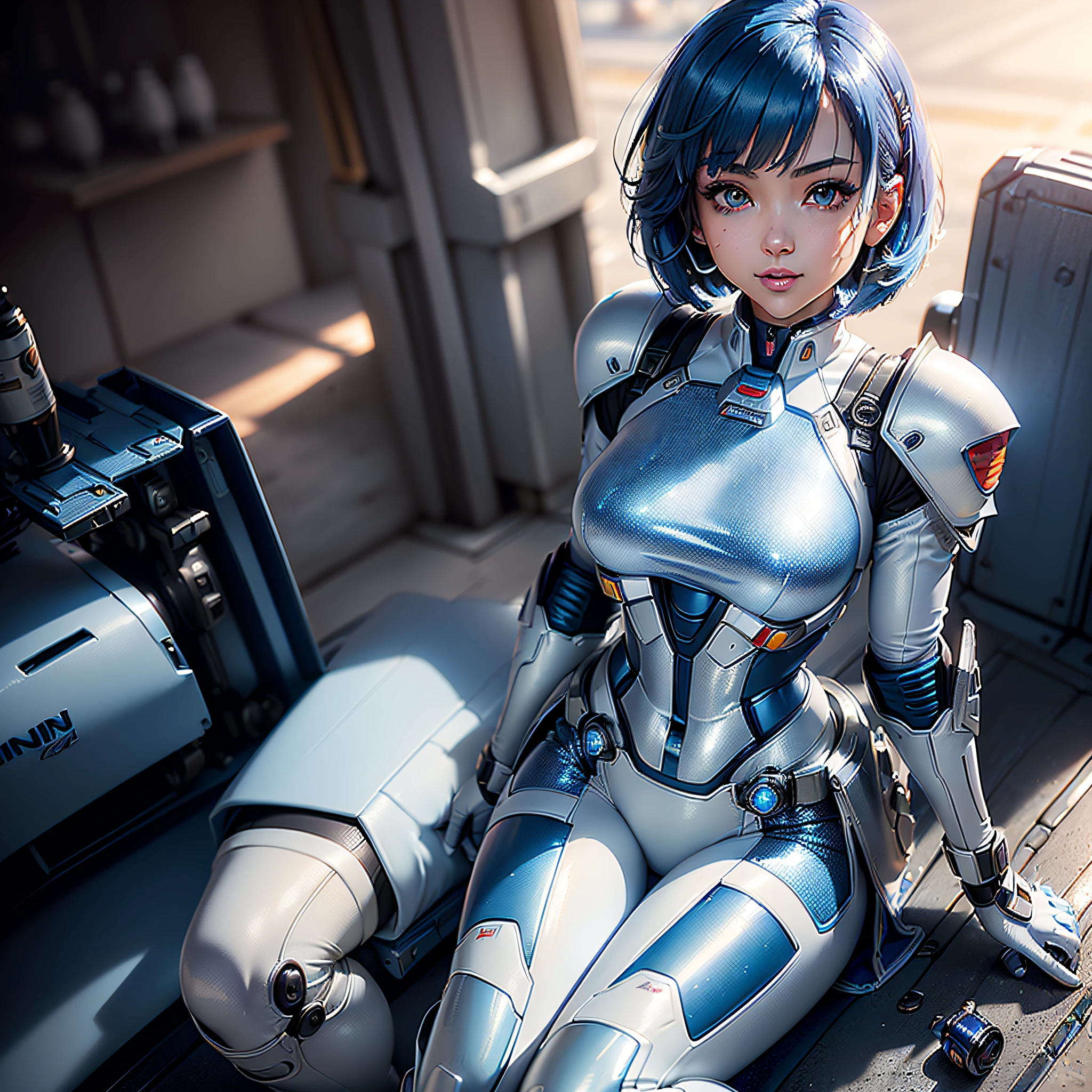 (Masterpiece, Best Quality, Best Resolution, distinct_image, Very Elaborate CG, Cinematic Lighting, Ray Tracing, Drop Shadows, Detailed Detail, (Photorealism: 1.4), High Quality Textures, Detailed, Realistic Face Expression: (Single Girl, Face Has Japan, Blue Haired Girl, Bob Cut, Small Size Breasts, Detailed Gundam cockpit with sparkly blue colored eyes, eye-level shots, metallic white and blue colored flight suits, tight-fitting clothes, full-body covering clothes, light smile, beauty, slim body, exoskeleton, heroine, headset, knee boots, gloves, solo ride)
