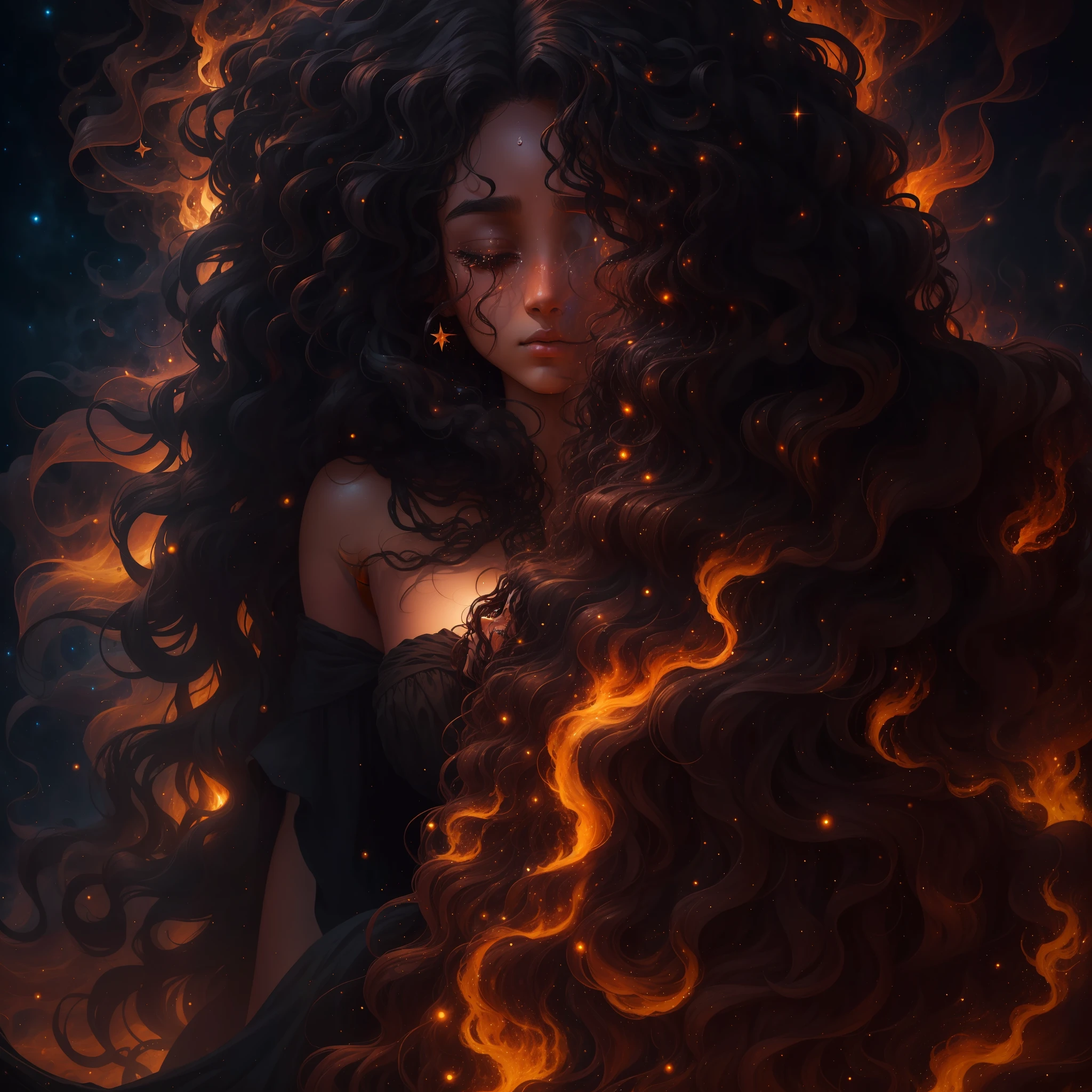 A dark woman with long curly hair emerges her burning figure in an environment of absolute infinite cosmos, her tears are stars