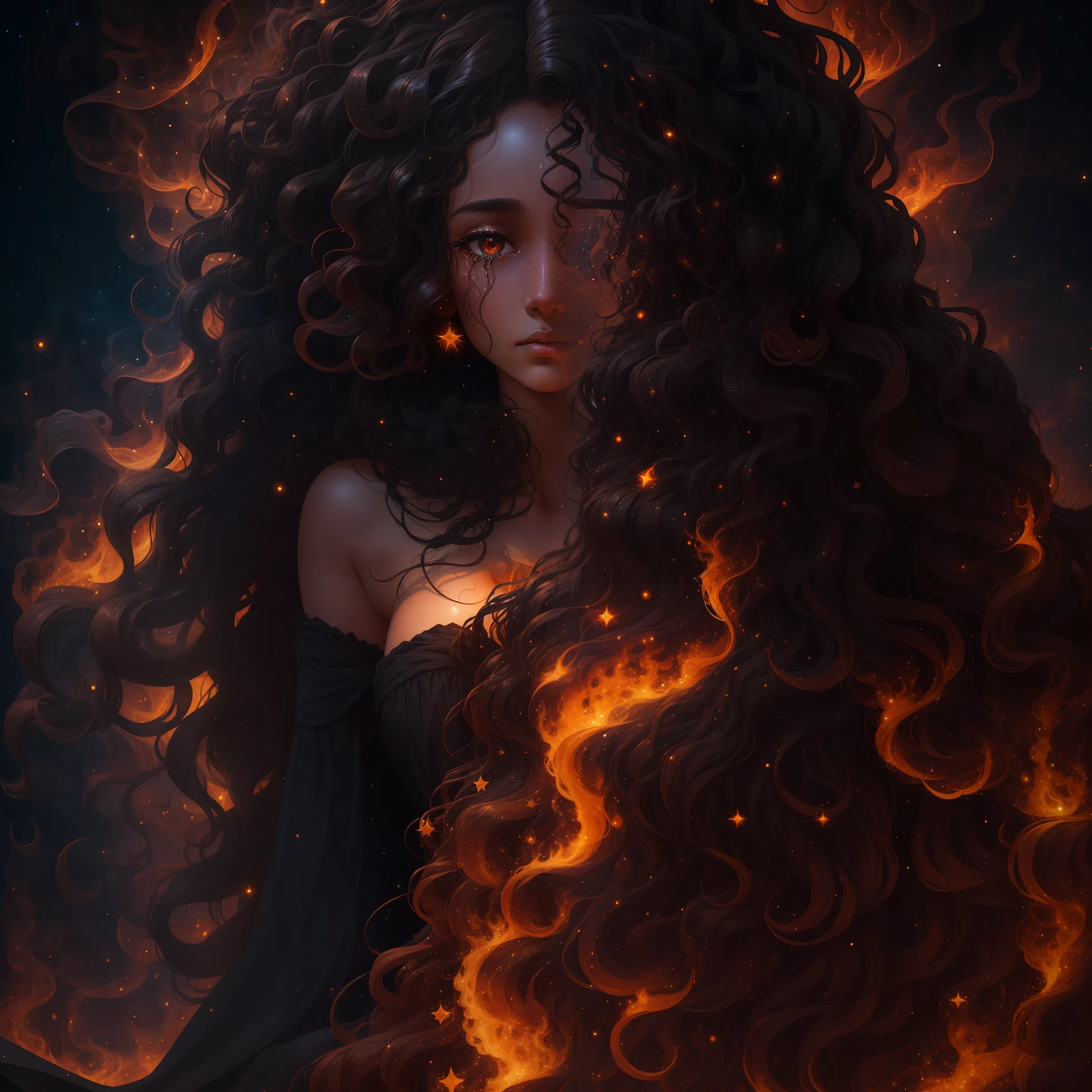 A dark woman with long curly hair emerges her burning figure in an environment of absolute infinite cosmos, her tears are stars