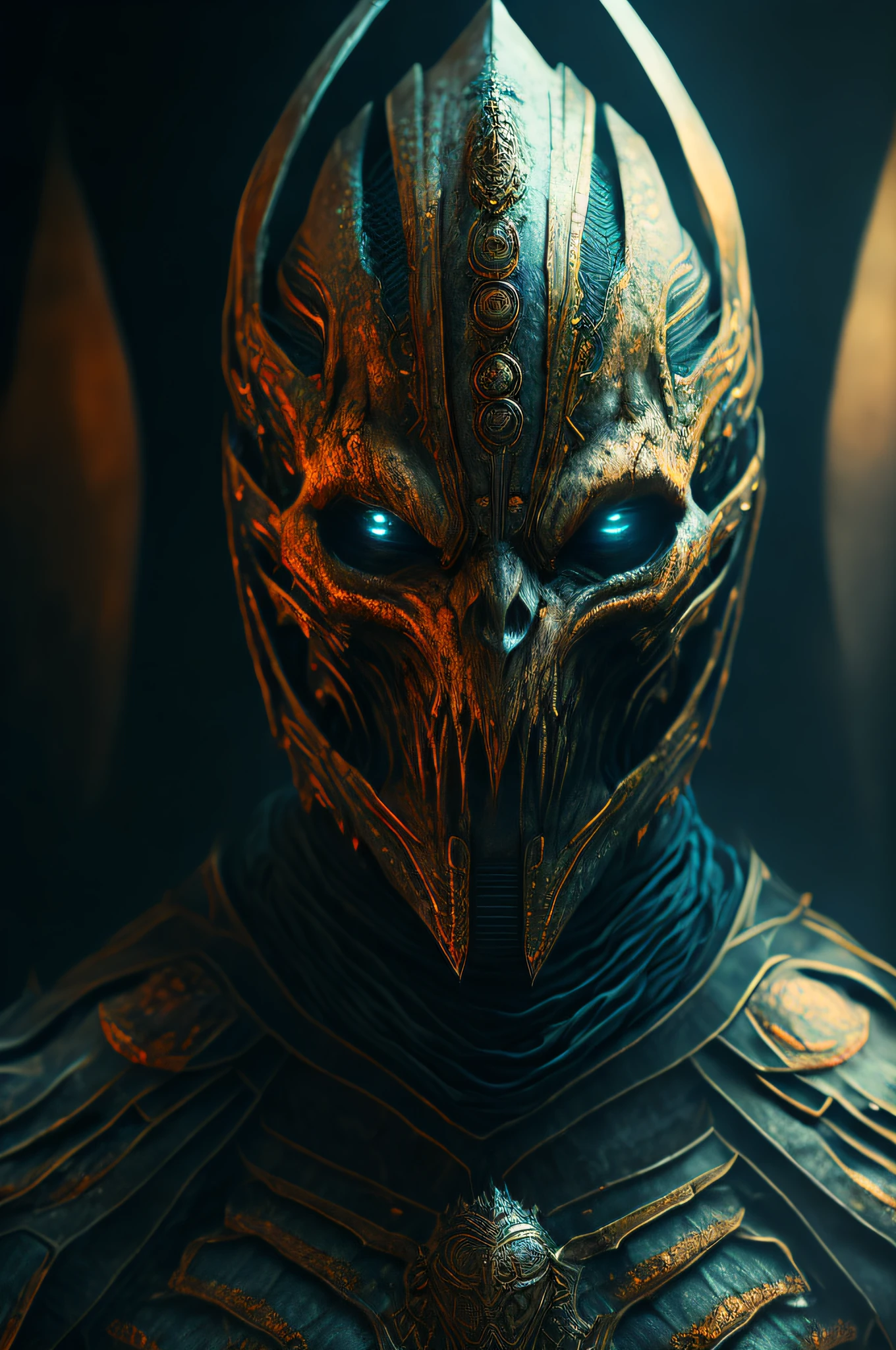 The ancient alien warrior, dark horror futurism, cinematic, fine details, 8k, (dark shot:0.7), Subsurface scattering, (ambient lighting:1.3), (ArtStation:1.3)