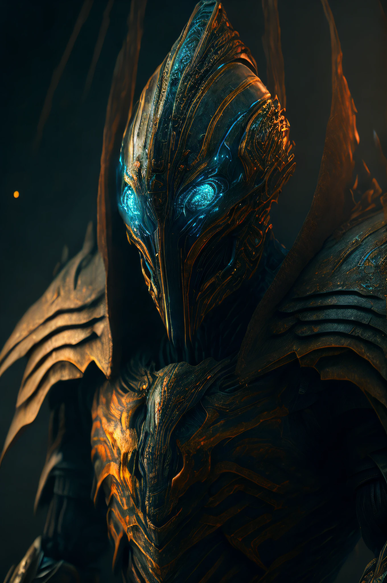 The ancient alien warrior, dark horror futurism, cinematic, fine details, 8k, (dark shot:0.7), Subsurface scattering, (ambient lighting:1.3), (ArtStation:1.3)