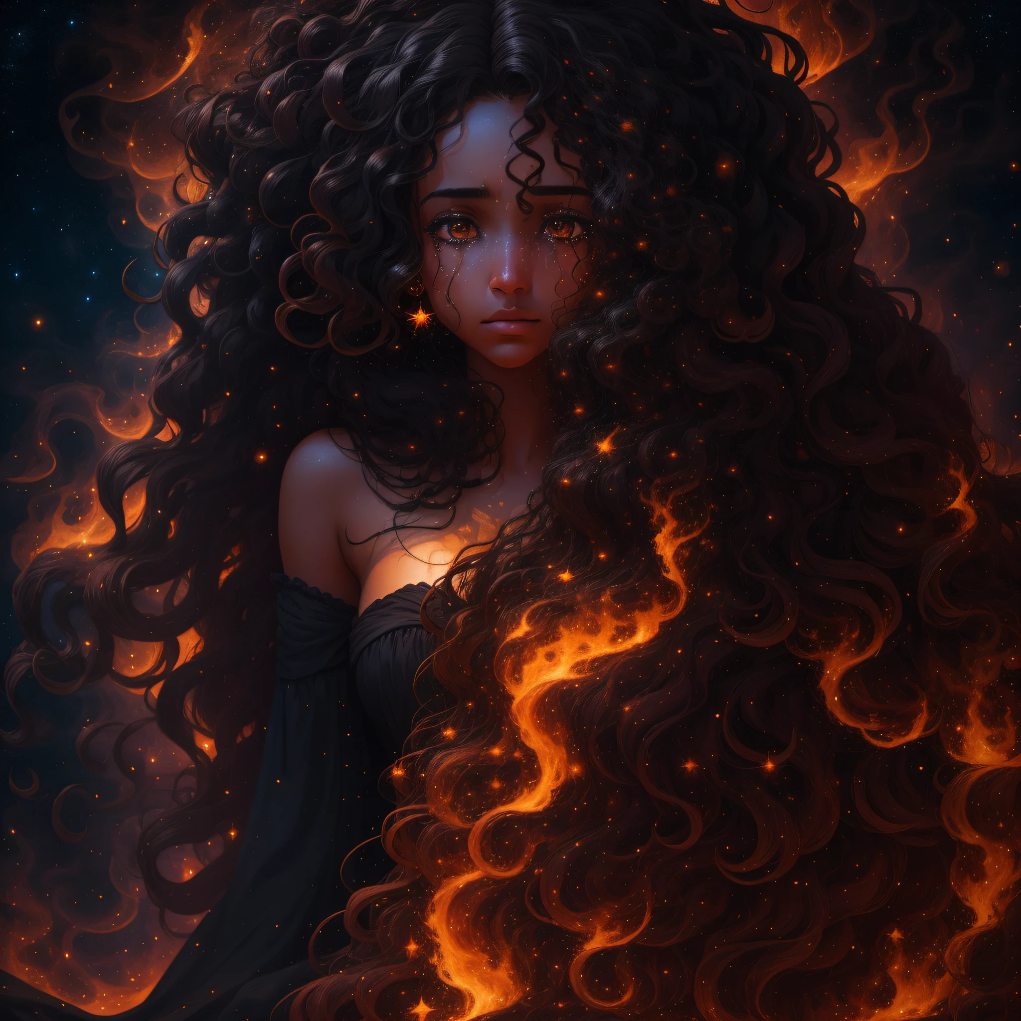 A dark woman with long curly hair emerges her burning figure in an environment of absolute infinite cosmos, her tears are stars