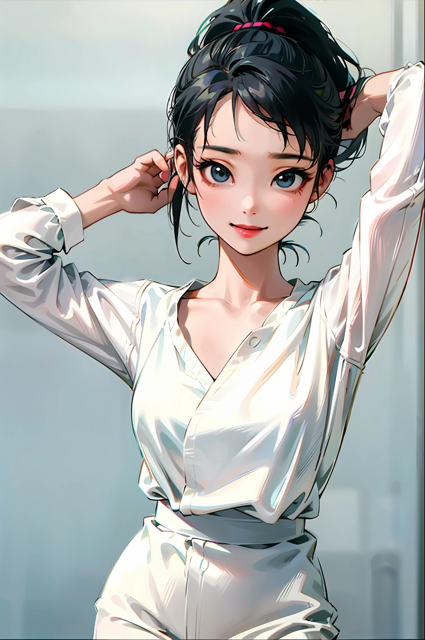 Korean girl, black hair, older sister, tying her hair into a ponytail and smiling to the narrator, high definition picture, masterpiece, (beautiful girl, cafe, seductive, virgin, sexy), (secretary), fierce smile, Miku, Hatsune Miku,