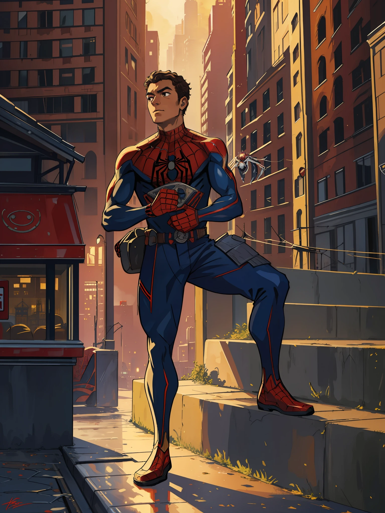 (masterpiece, best quality), intricate details, 8k, artstation, wallpaper, official art, splash art, sharp focus, brown skin, short curly hair, spider web pressure, spider web, spider man, ART, anime 
skyscrapers, city, buildings, cars, street,