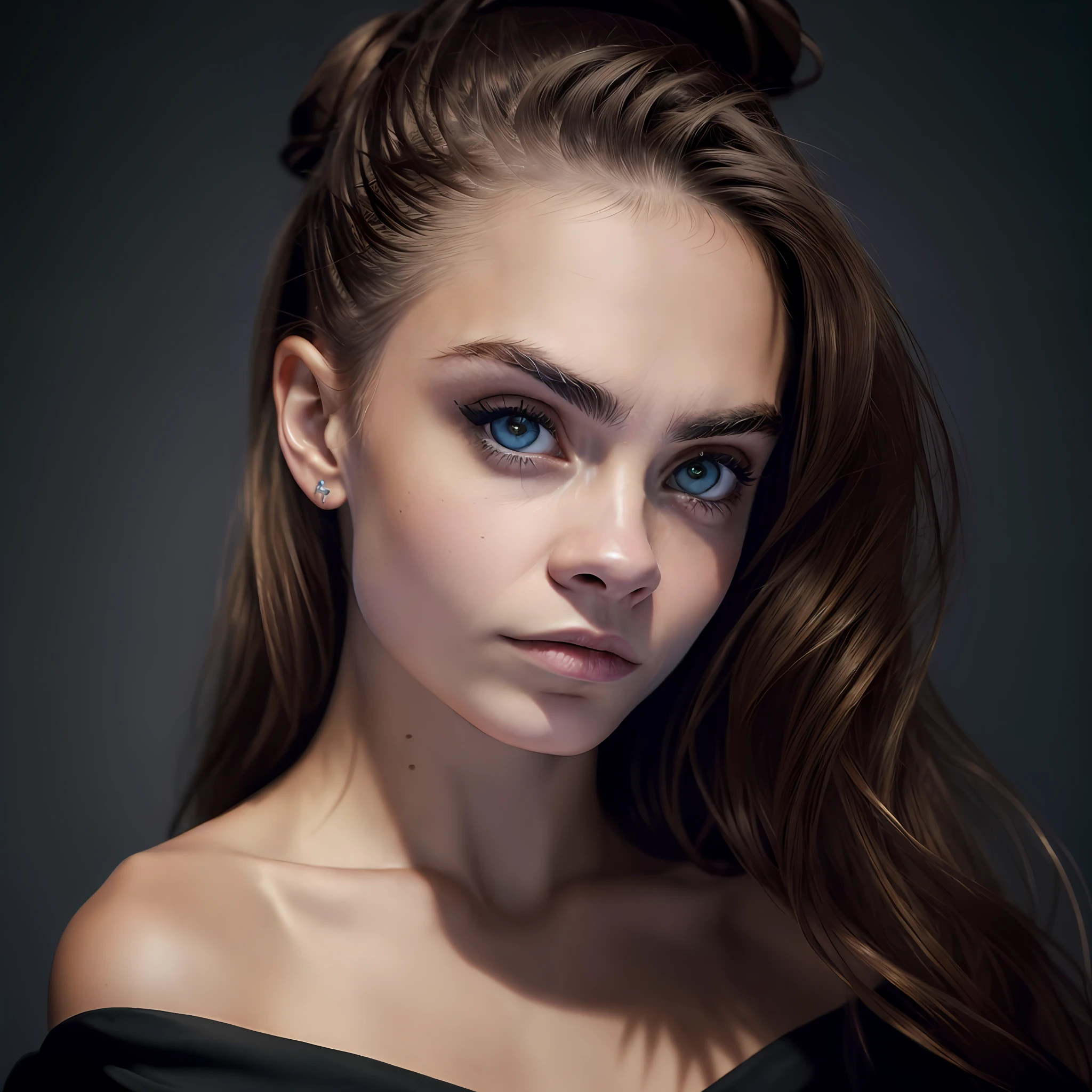 Best Quality, Masterpiece, Ultra High Resolution, (Photorealistic: 1.4), Raw Photo, 1 Girl, Off-the-shoulder, In Dark, Deep Shadow, Restrained, Cold Light, Detailed Skin, (Cara Delevingne) --auto --s2