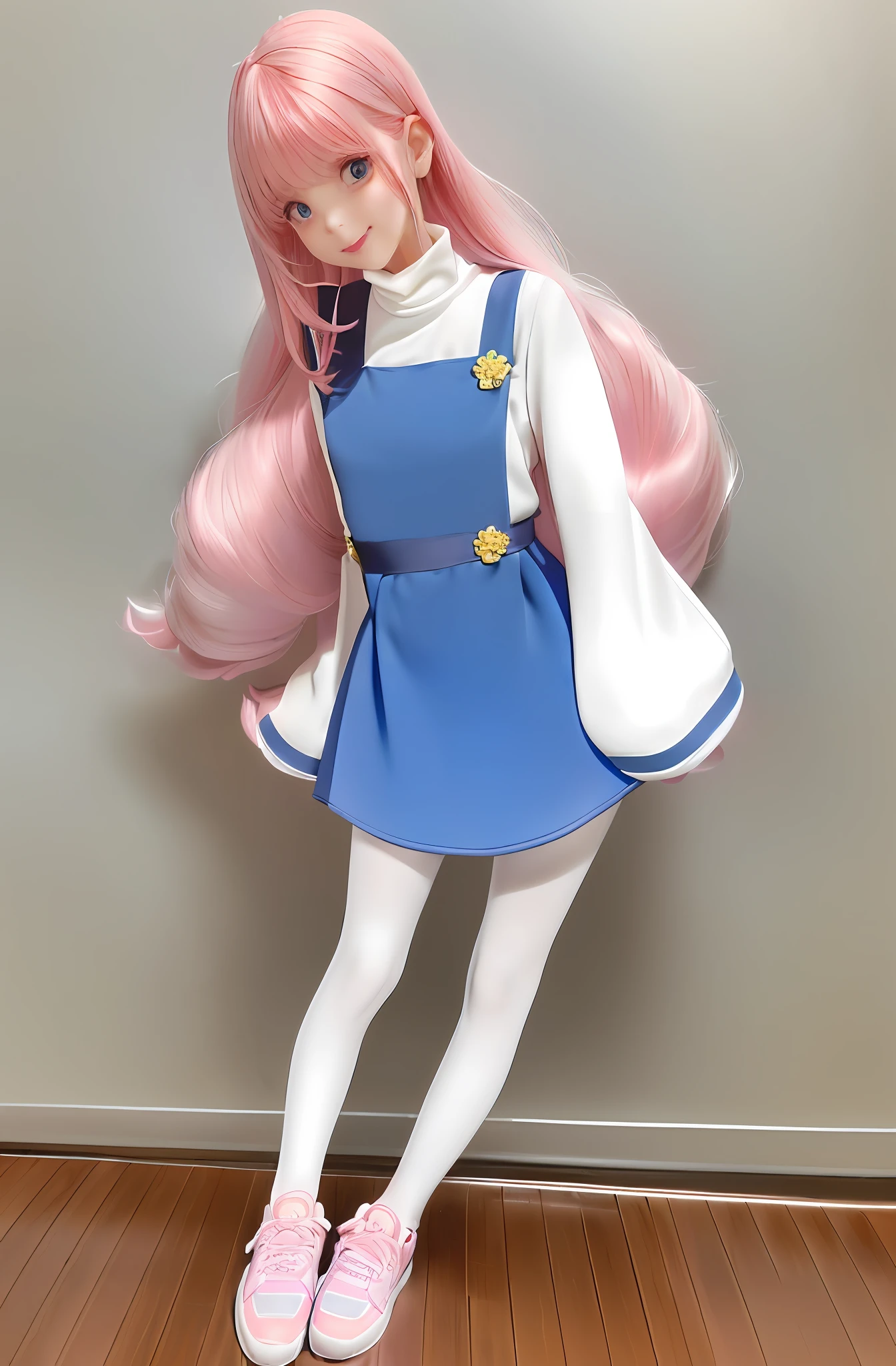 Girl child long hair pink up to foot, dark strong blue eye, navy blue short dress turtleneck and long sleeve,white pantyhose,yellow shoe/sneaker,childish body, skinny,gleaming white skin,floating,her flowing hair,she has small pink lips, rosy cheeks, small pink nose, white gloves,flowing short dress