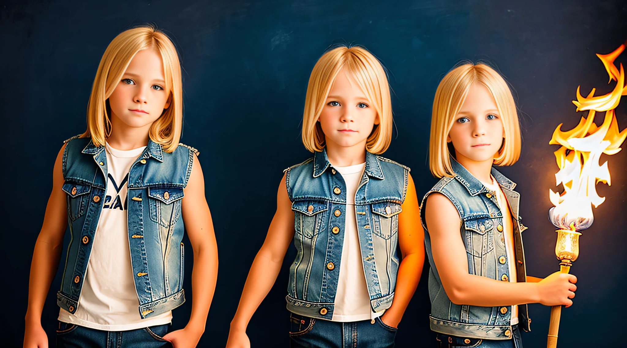 blonde child boys WITH STRAIGHT HAIR, WITH TORCHES of fire straw in hand, blue background. SLEEVELESS DENIM JACKET.