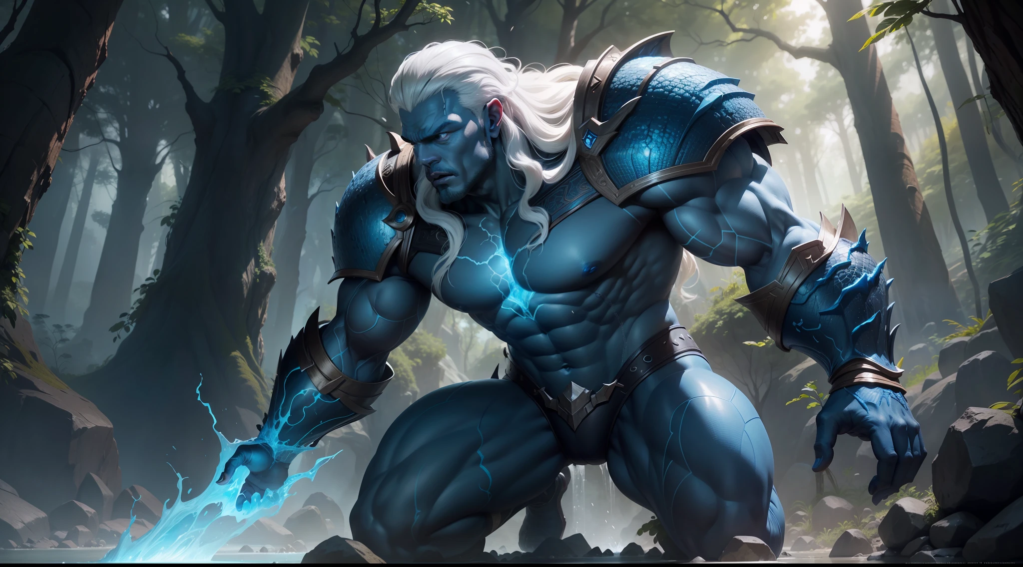 a muscular mythological Equidna being extremely strong, blue scaly translucent skin, red eyes, long white hair,wearing water armor, powerful, able to control nature, around which trees emerging impacting the ground with magic, unreal engine 5, keyshot, octane, artstation trending, ultra high detail, ultra realistic, cinematic,16k