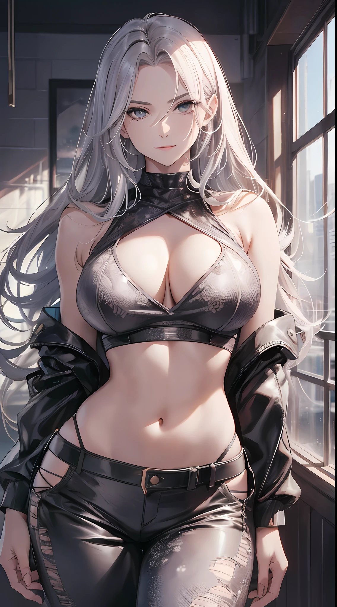 Full body shot, perfect female anatomy, Best quality, masterpiece, beautiful face, beautiful rich luxurious elegant mature gangster boss lady, beautiful smile, expensive sleeveless silver croped top and pants, midriff, g-cup, cropped top, long beautiful long hair, detailed eyes, beautiful eyes, hyperdetailed face, complex, symmetrical face, sharp focus, perfect,  textured, looking into the camera, chiaroscuro, professional make-up, realistic, rough, gritty, dominating, figure in frame