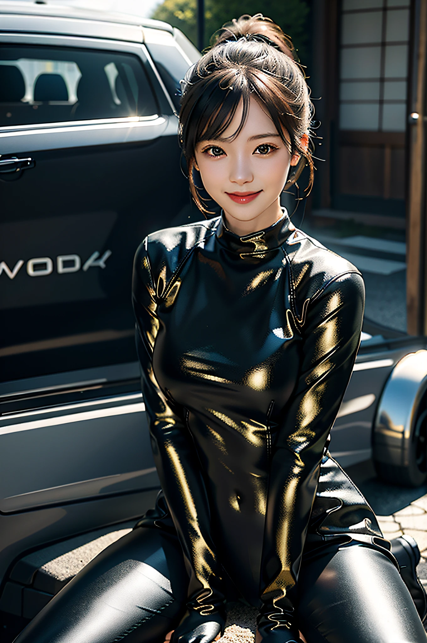 (8K, RAW photos, top quality, masterpieces: 1.2), (realistic, photorealistic: 1.4), cute, Japan girls, delicate and beautiful faces, professional lighting, photon mapping, radiosity, physically based rendering, costumes covering the whole body, shiny outfits, ponytails, black tight suits, sexy, watch viewers, CG wallpapers, blurred night view background, clear background, medium breasts, black gloves, full body, long boots, leaning forward straddling vehicle, light smile