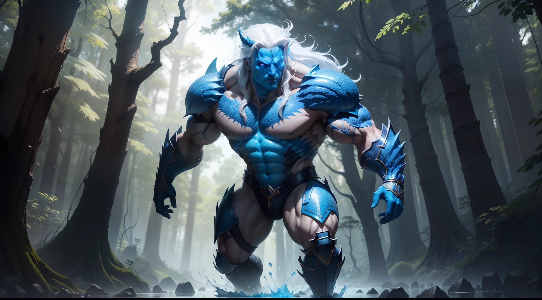 a muscular mythological Equidna being extremely strong, blue scaly translucent skin, red eyes, long white hair,wearing water armor, powerful, able to control nature, around which trees emerging impacting the ground with magic, unreal engine 5, keyshot, octane, artstation trending, ultra high detail, ultra realistic, cinematic,16k