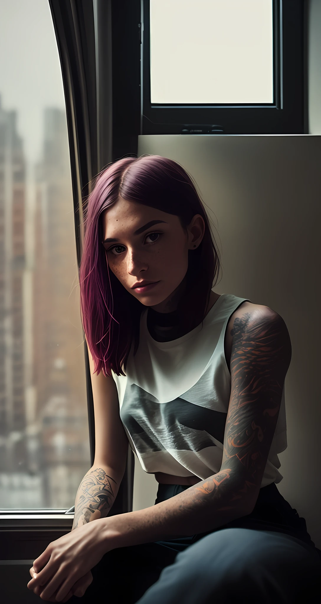 abstract colors, texture, film grain, skin pores, dusty atmospheric mist, vignette, wrinkles: 0.2 hasselblad dslr complex RAW Dramatic portrait photo (monami frost) 1.2 discreet smile, wearing purple tshirt (writed inklfow) inside jeans 1.4, wearing (black pants jeans) 1.2, brown hair (loose straight) 1.3, (discreet freckles) 1.1, eye contact style without selfie filter, sitting yellow armchair against a damp and rainy window overlooking buildings with illuminated windows (Solarpunk neon) 1.2 at night, (backlit) 1.2, (grain of film)1.2, still image of movie movie, realistic, high-waisted dark jeans, tattoos on arms, tattoo in neck, white allstar shoes
