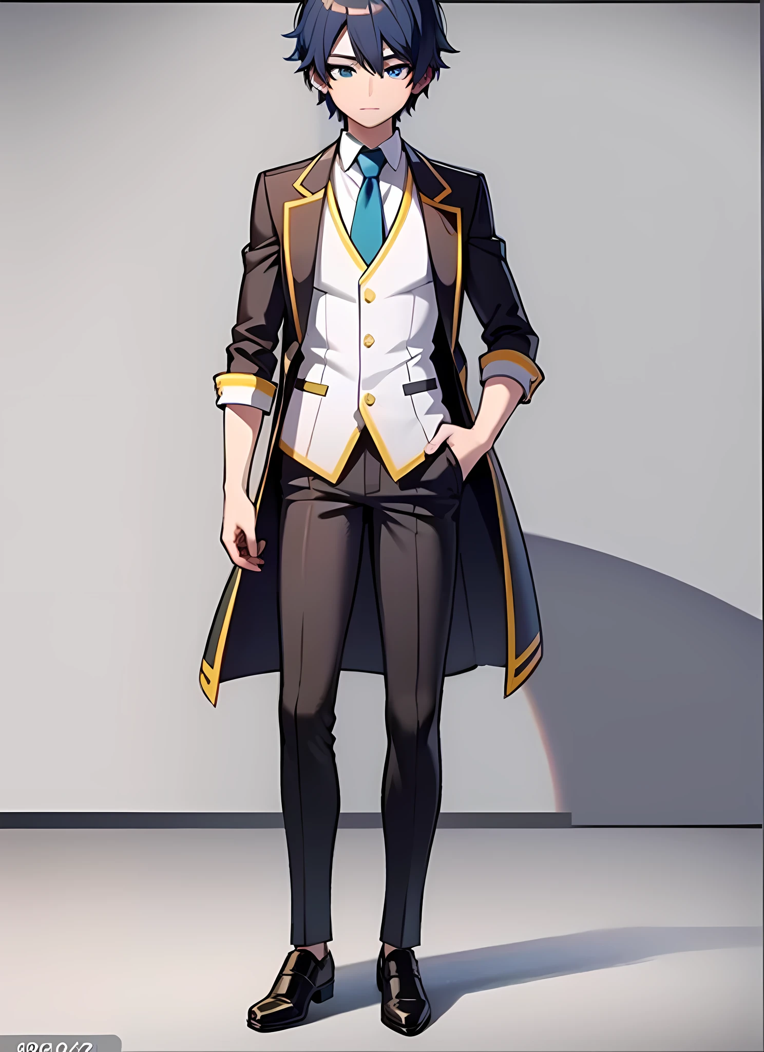 Full Body Vtuber, Full Body Portrait, Clear Face, Best Quality Masterpiece, ((male)), Looking at the audience, Stand looking directly at the audience, solo, blue eyes, (white sailor suit), (dark blue hair)), Short hair, Full body portrait, ((8k , RAW photo, highest quality, masterpiece), Professional photo, (best shadow), Ultra High Definition, Cinematic Light, High Detail CG Includes 8K Wallpapers, (Full)),