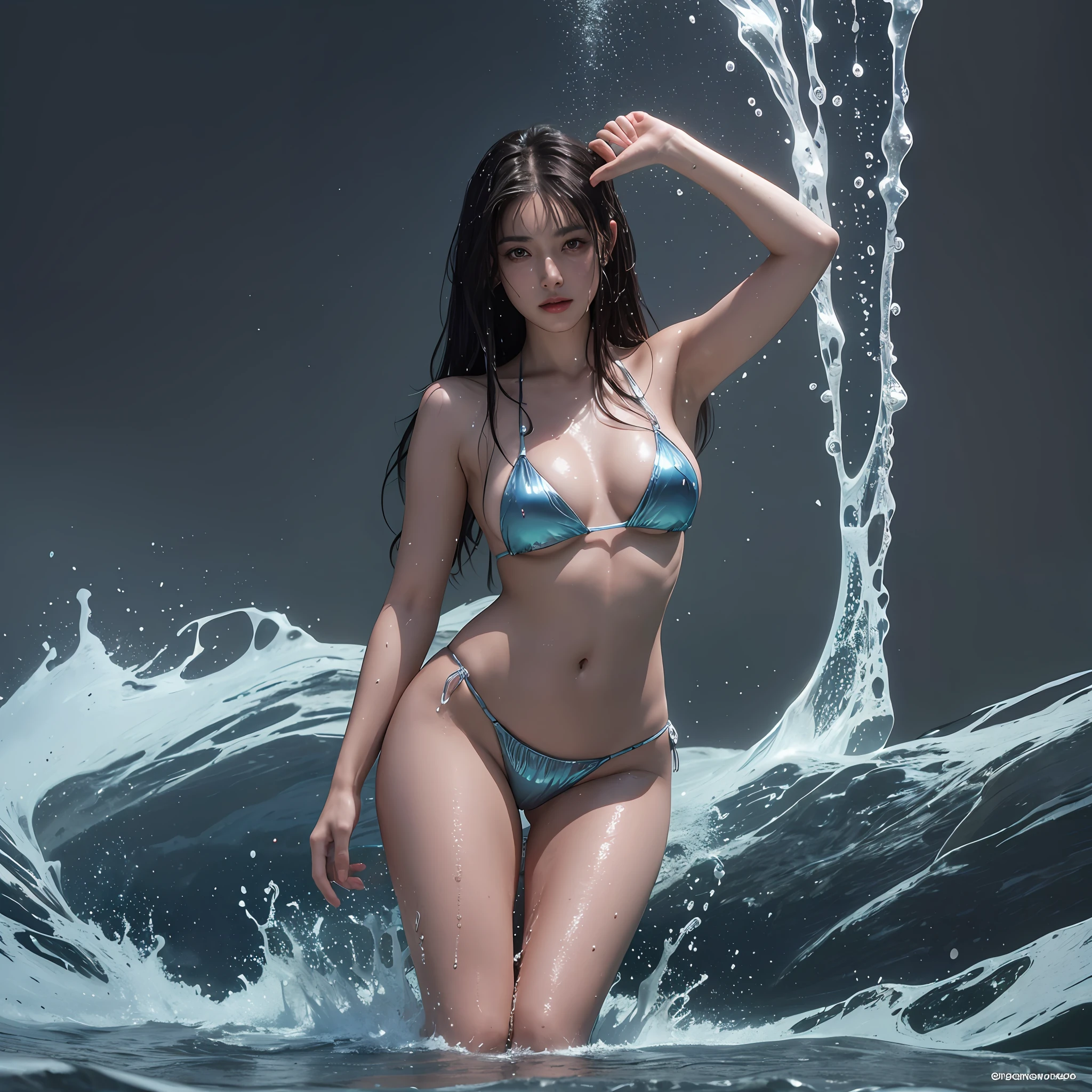 Best quality, masterpiece, ultra high resolution, (photorealistic: 1.4), raw photo, 1girl, DARK hair, shiny skin, WET BODY, dramatic lighting, full body, micro bikini --auto --s2