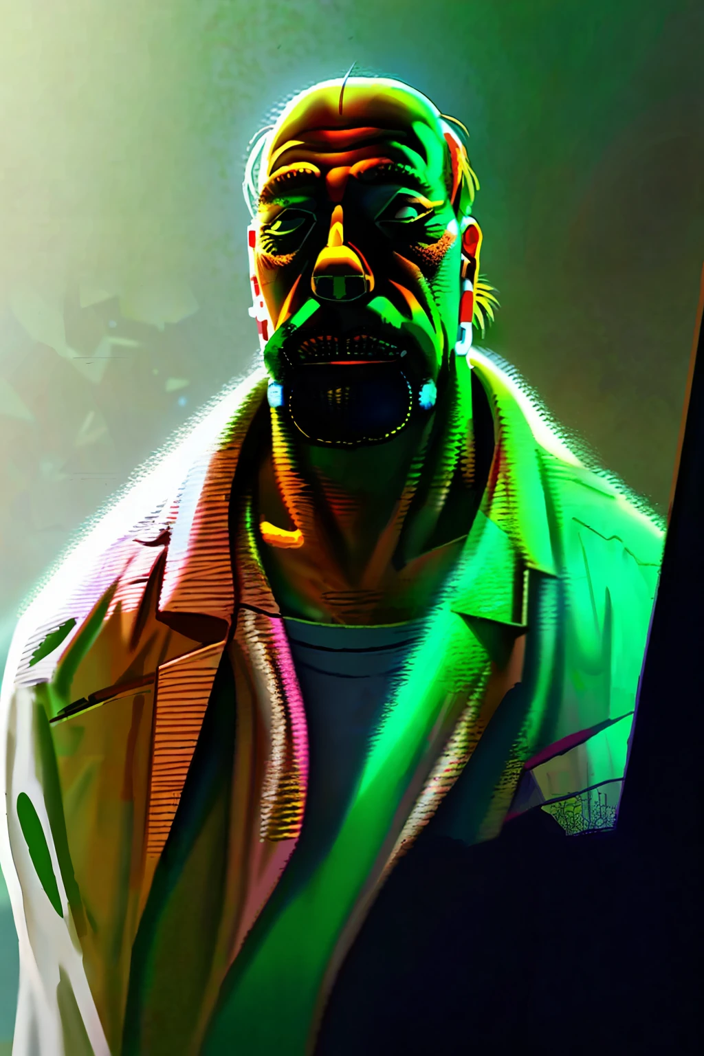I saw a realistic photo with details on a white background of Homer Simpson in a white, muscular lab coat standing in front of a green frame