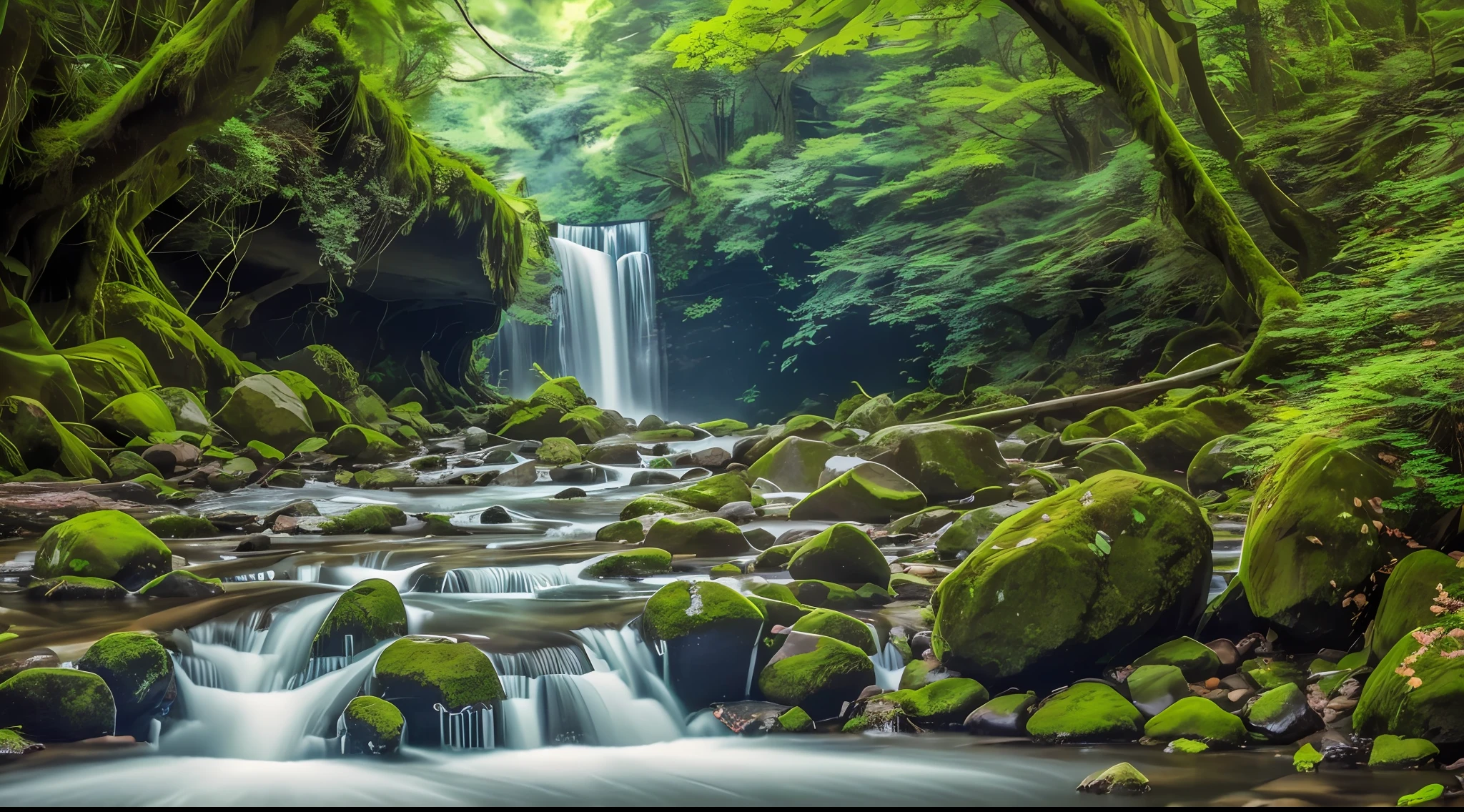 there is a waterfall flowing through a lush green forest filled with rocks, river with stunning water, a river flowing with waterfall, with waterfalls and river, peaceful beautiful waterfall, beautiful flowing feeling, by Tadashige Ono, forest and waterfall, lakes and waterfalls, japan nature, water stream, flowing water, japan lush forest, water flowing, river in a forest, ((Realistic lighting, Best quality, 8K, )), (realistic, photorealistic: 1.37), photography, masterpiece, best quality, dark grey background, beautiful wallpaper, --auto --s2