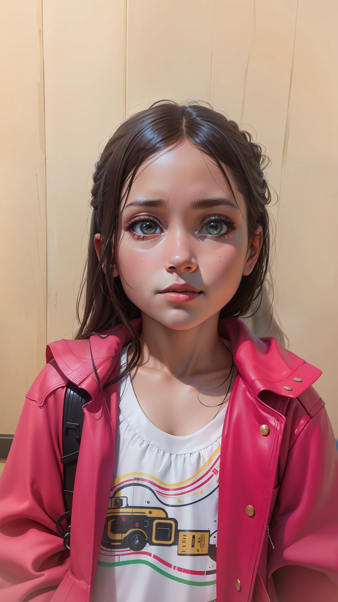 Five year old girl, oil painting, realistic, 8k, ((best quality)), ((photorealistic)), ((detailed)), futuristic scenery --auto --s2