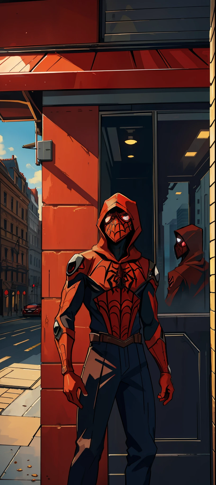(masterpiece, best quality), intricate details, 8k, artstation, wallpaper, official art, splash art, sharp focus, red eyes, hood, brown skin
spider suit, spider web printing, spider web,
skyscrapers, city, buildings, cars, street, focus on boy