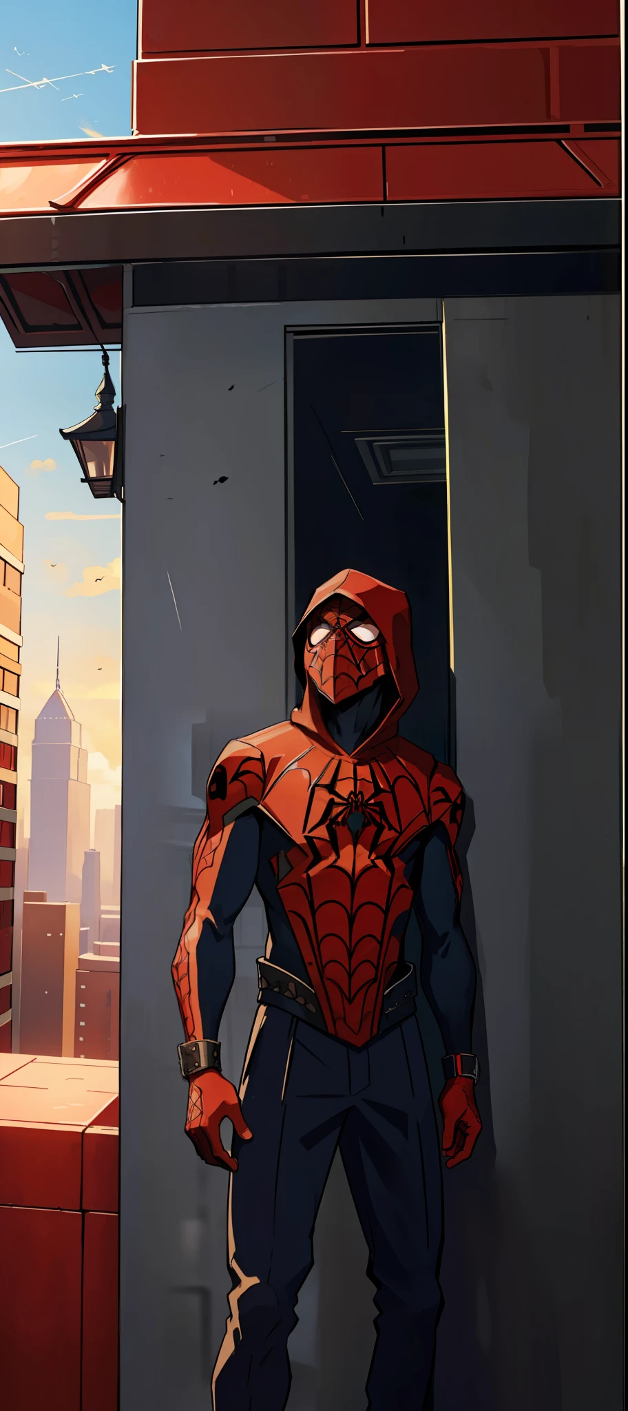 (masterpiece, best quality), intricate details, 8k, artstation, wallpaper, official art, splash art, sharp focus, red eyes, hood, brown skin
spider suit, spider web printing, spider web,
skyscrapers, city, buildings, cars, street, focus on boy