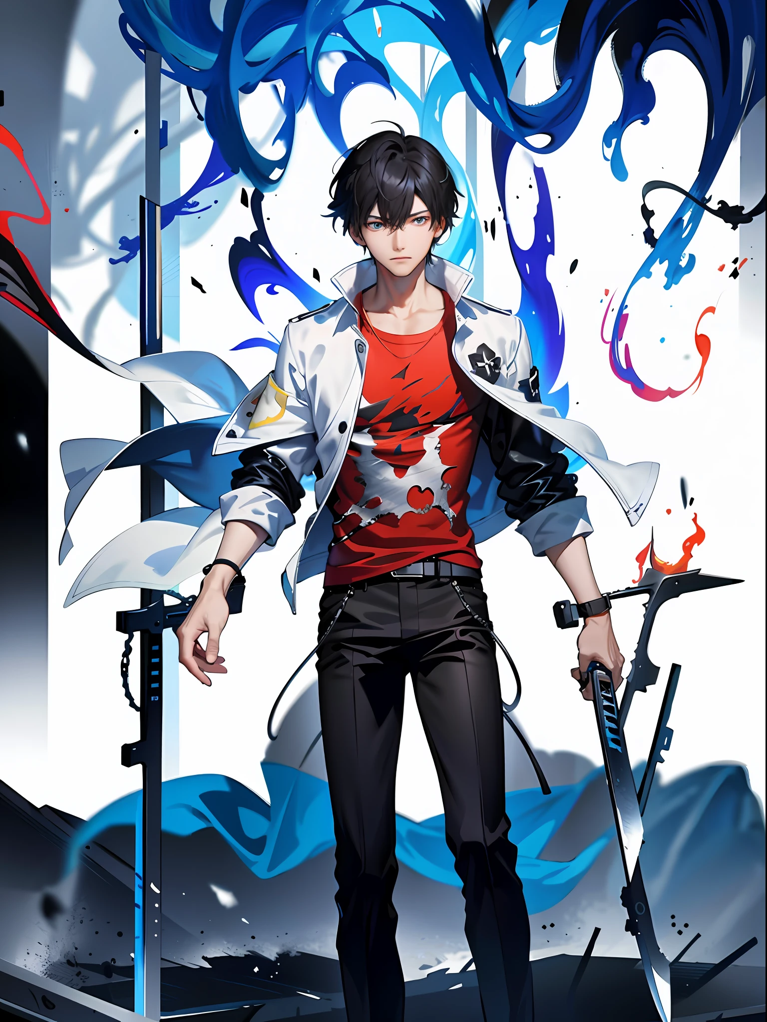 1boy, black hair, white coat, red t-shirt, blue eyes, hair between eyes, looking at the audience, male focus, pants, black pants, messy hair, a large knife, emitting flames, 8k resolution, very detailed, anatomically correct, clear images, digital painting, concept art, fashion trends on pixiv, Makoto Shinkai's style