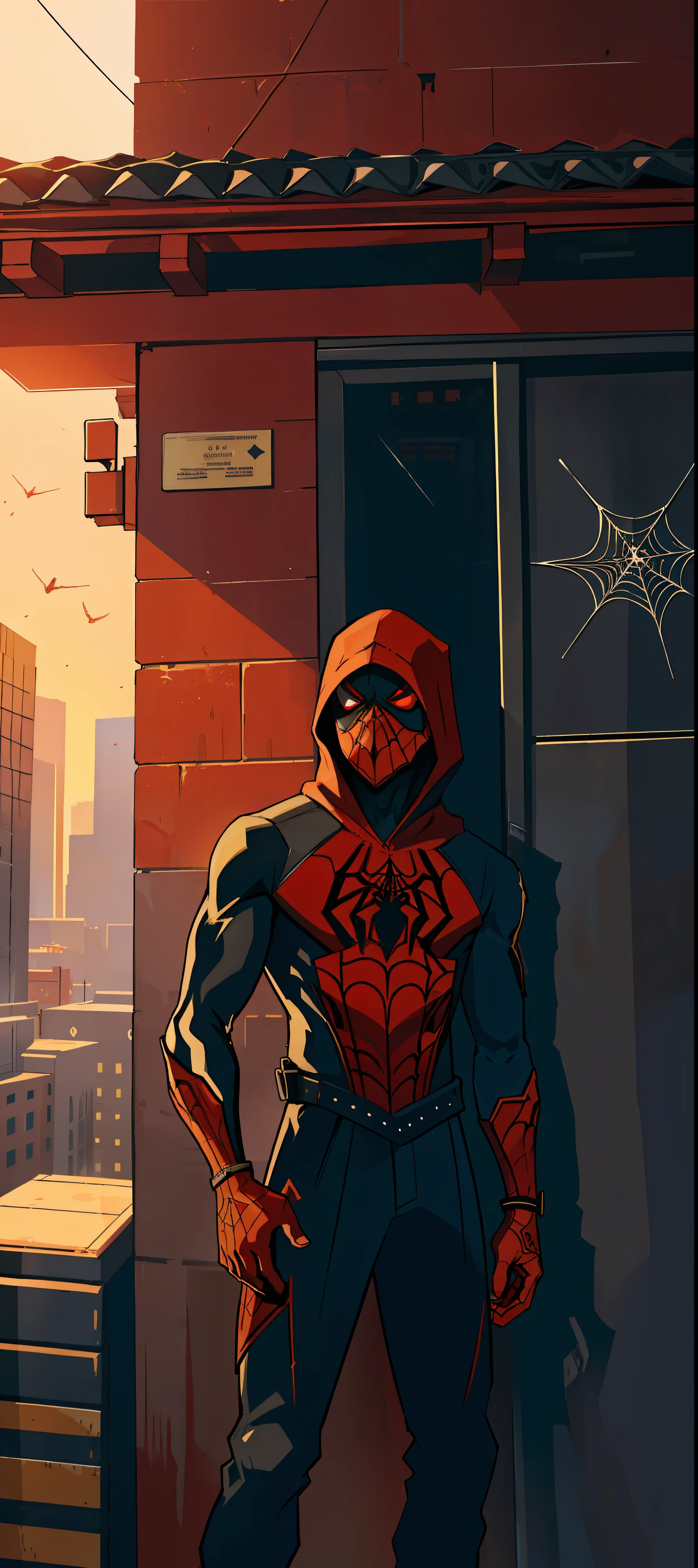 (masterpiece, best quality), intricate details, 8k, artstation, wallpaper, official art, splash art, sharp focus, red eyes, hood, brown skin
 spider suit, spider web printing, spider web,  
skyscrapers, city, buildings, cars, street, focus on boy