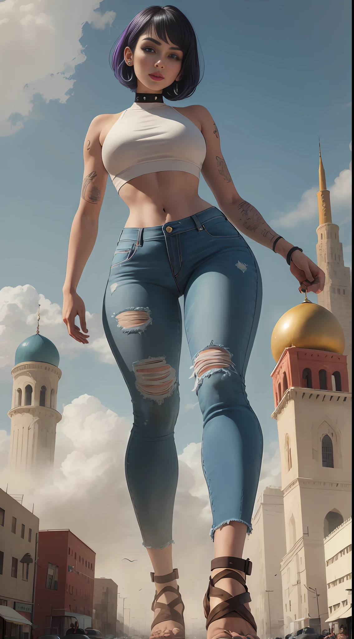 giantess art, giantess, crop top, jeans, hands raised, runied, middle eastern city, mosque, blue colored short hair, bob cut, smoke, sandstorm, (((towering over you))), (full body), feminist, lgbt, colorful tattoos, heavy makeup, piercing, smirking, smoking cigarette, enjoying