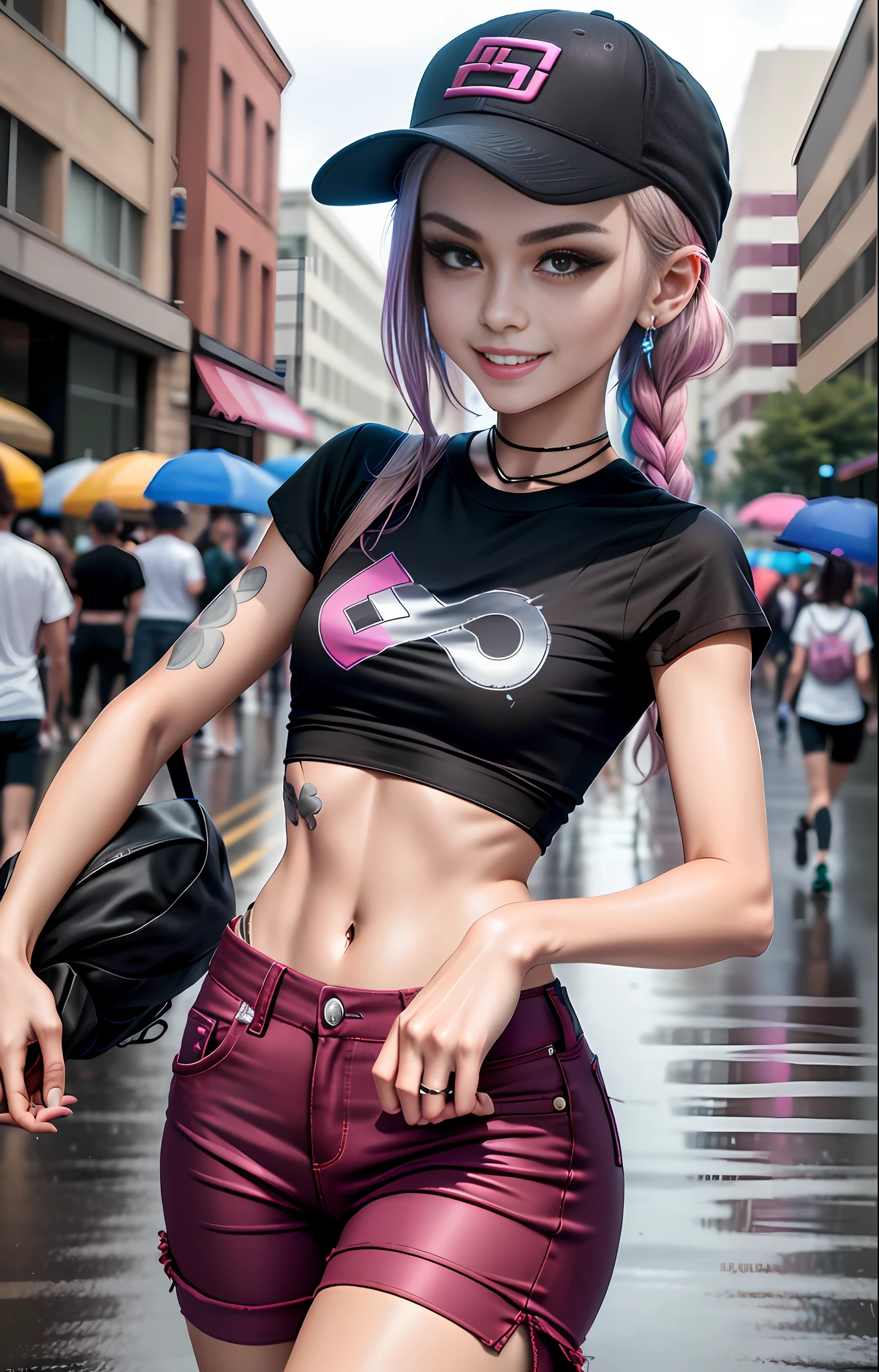 (Dalcifo), Super Resolution, (Reality: 1.3), (1 Slim Girl), Fashion Girl, Fashion, Young Face, Blush, (Evil Smile), (Slim) Thighs, Baseball Cap, Earrings, (Black T-shirt), (Loose Cargo Pants), Street Dance, Street Dance, Dance Move, Dancing, Rotogravure, Rain City Street,