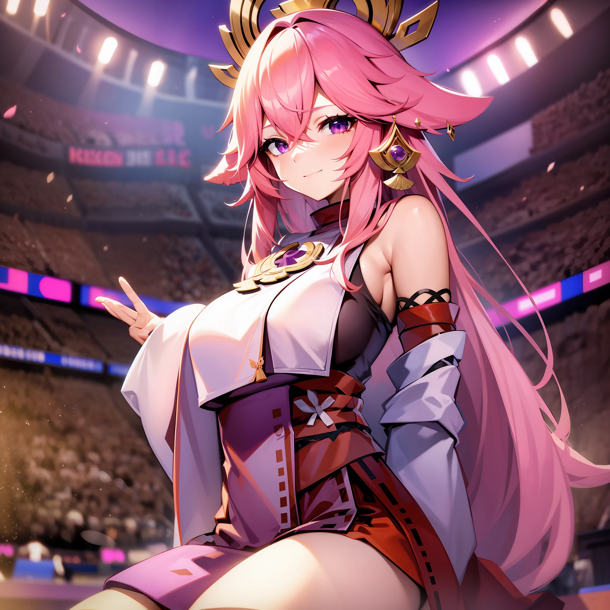 yae miko , pink hair, purple eyes, football match on her breasts