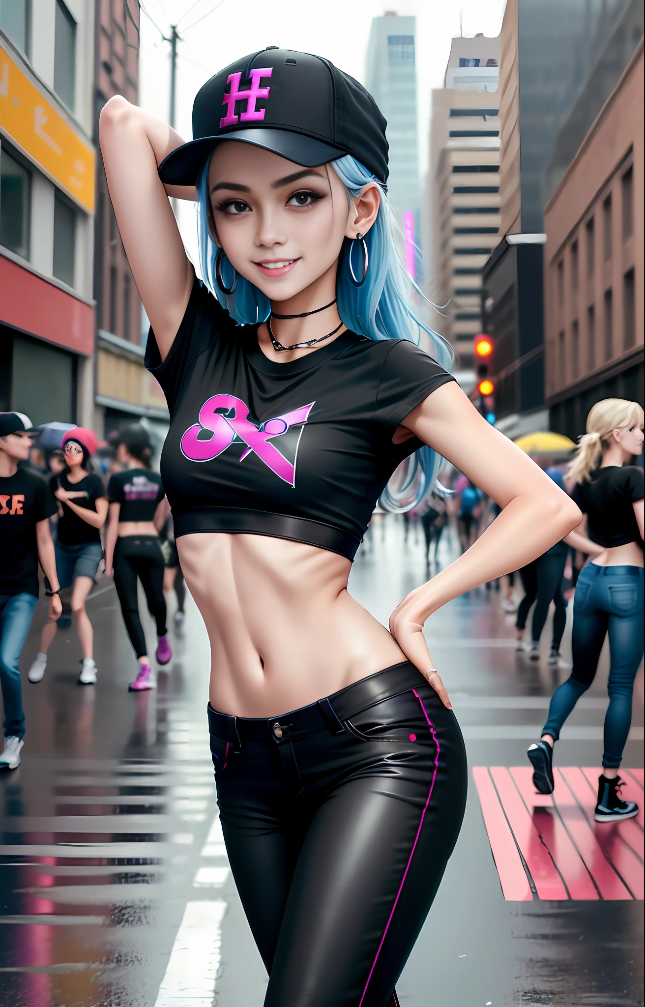 (Dalcifo), Super Resolution, (Reality: 1.3), (1 Slim Girl), Fashion Girl, Fashion, Young Face, Blush, (Evil Smile), (Slim) Thighs, Baseball Cap, Earrings, (Black T-shirt), (Loose Cargo Pants), Street Dance, Street Dance, Dance Move, Dancing, Rotogravure, Rain City Street,
