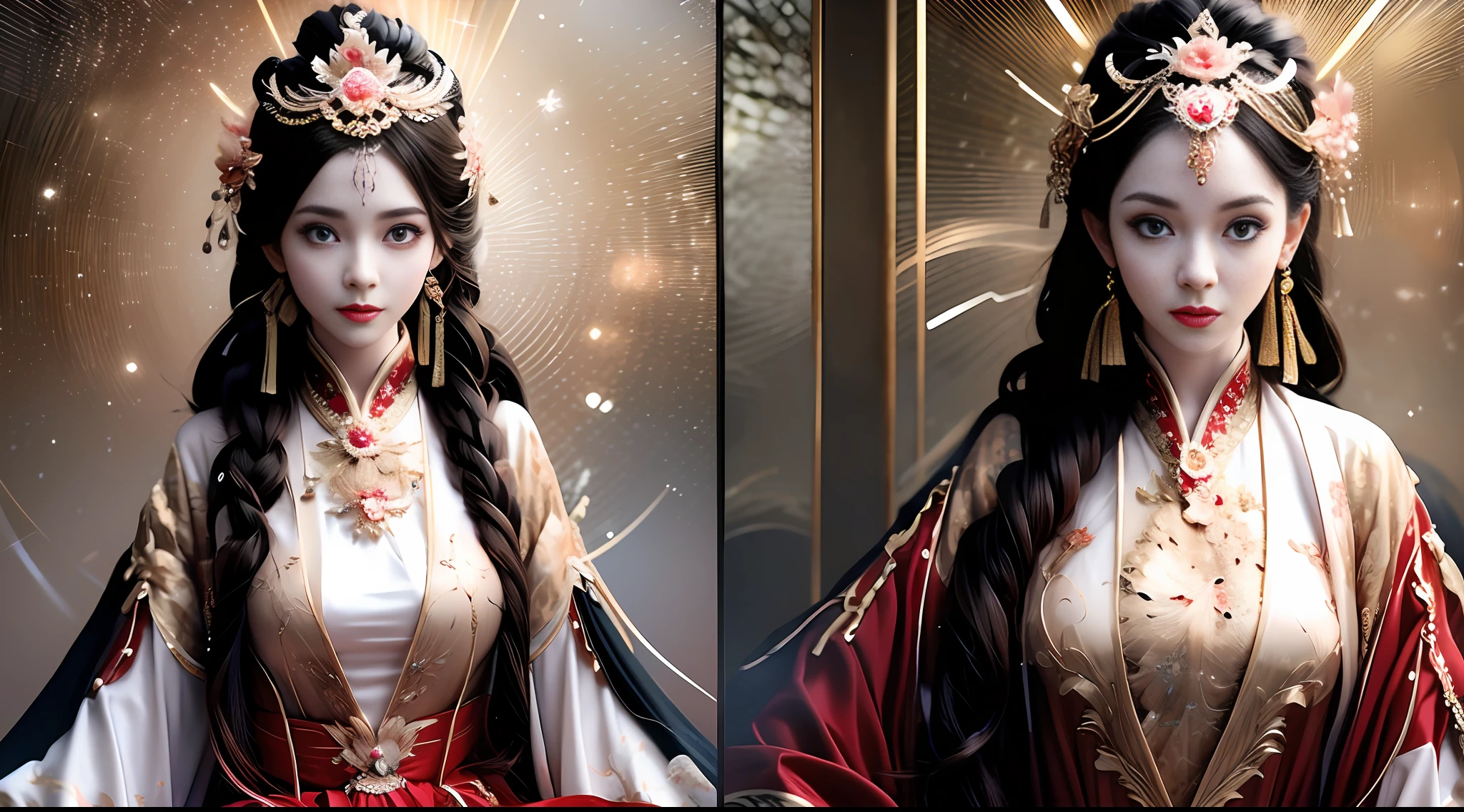1 girl, beautiful face, straight facial features, ancient style, Hanfu, face slightly goose egg shape, fair and moist skin, large and bright eyes, black eyes flashing with elf-like light, red lips are rosy and plump, a long black hair, usually naturally scattered on the shoulders, sometimes tied with hairpins or hairsilk, looks more neat and fresh, petite and delicate, curvy, very delicate, clothing is usually gorgeous and delicate, often wearing beautiful brown dresses, with a gold silk belt and a golden ankle chain, it looks luxurious and fashionable.