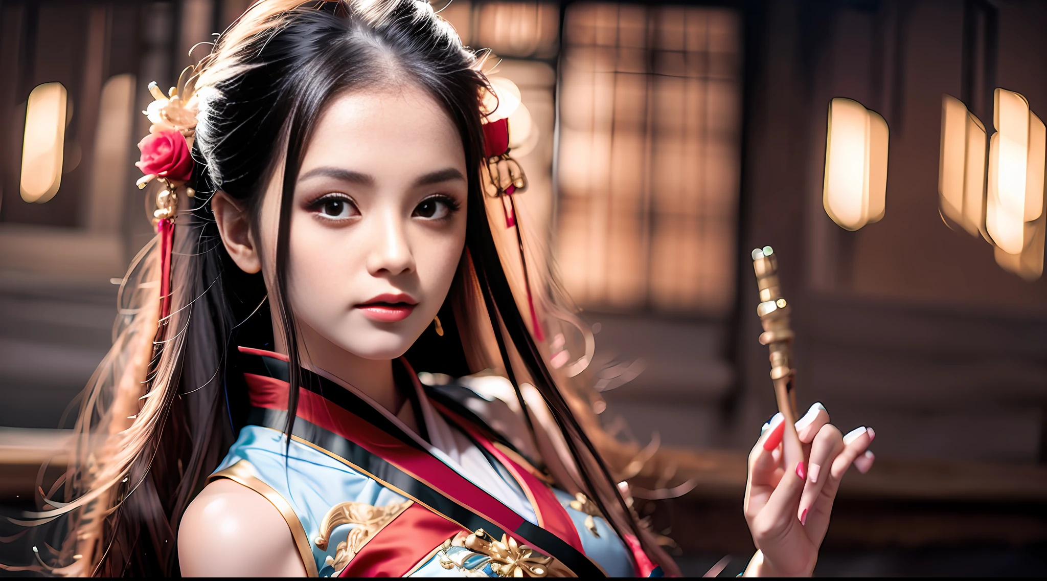 1 girl, beautiful face, straight facial features, ancient style, Hanfu, face slightly goose egg shape, fair and moist skin, large and bright eyes, black eyes flashing with elf-like light, red lips are rosy and plump, a long black hair, usually naturally scattered on the shoulders, sometimes tied with hairpins or hairsilk, looks more neat and fresh, petite and delicate, curvy, very delicate, clothing is usually gorgeous and delicate, often wearing beautiful brown dresses, with a gold silk belt and a golden ankle chain, it looks luxurious and fashionable.