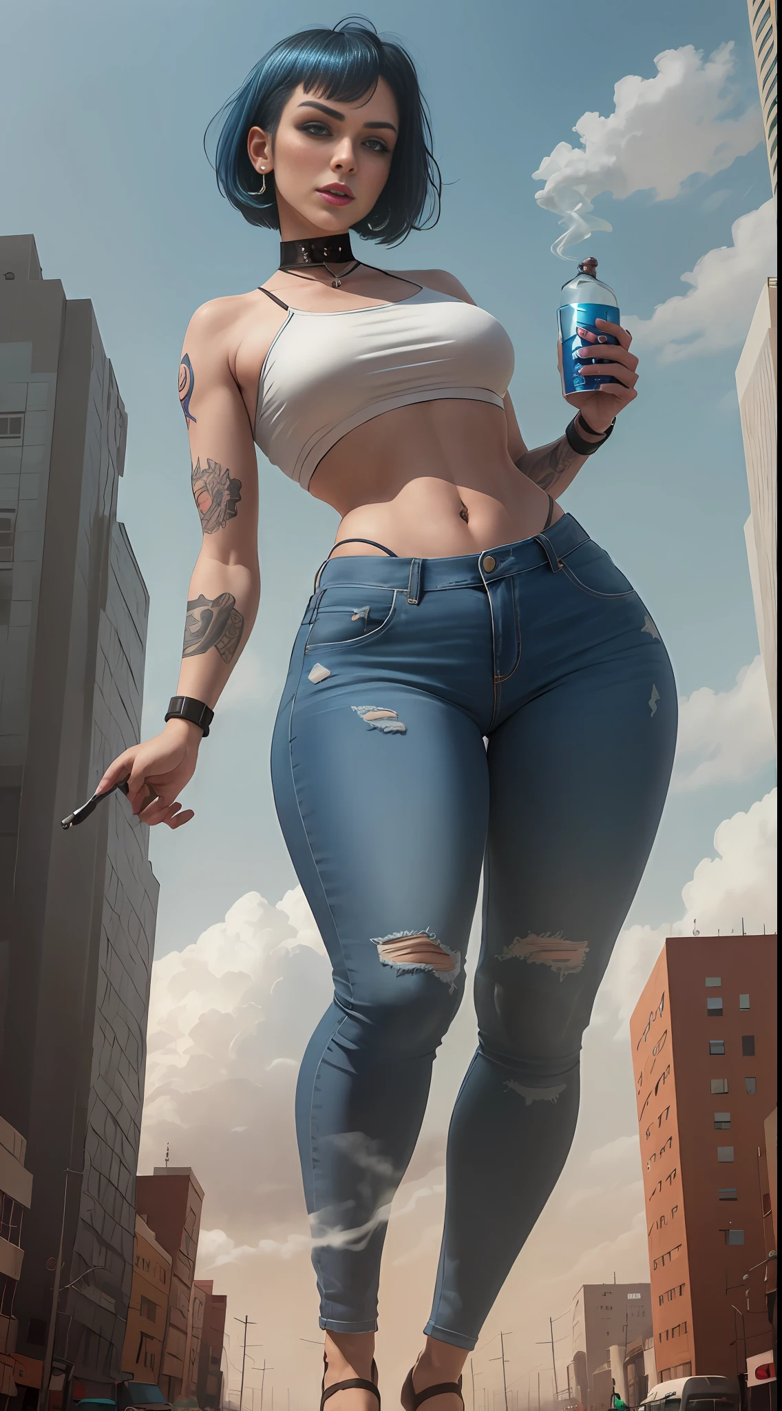 giantess art, giantess, crop top, jeans, hands raised, holding vodka, runied, middle eastern city, mosque, blue colored short hair, bob cut, smoke, sandstorm, (((towering over you))), (full body), feminist, lgbt, colorful tattoos, heavy makeup, piercing, smirking