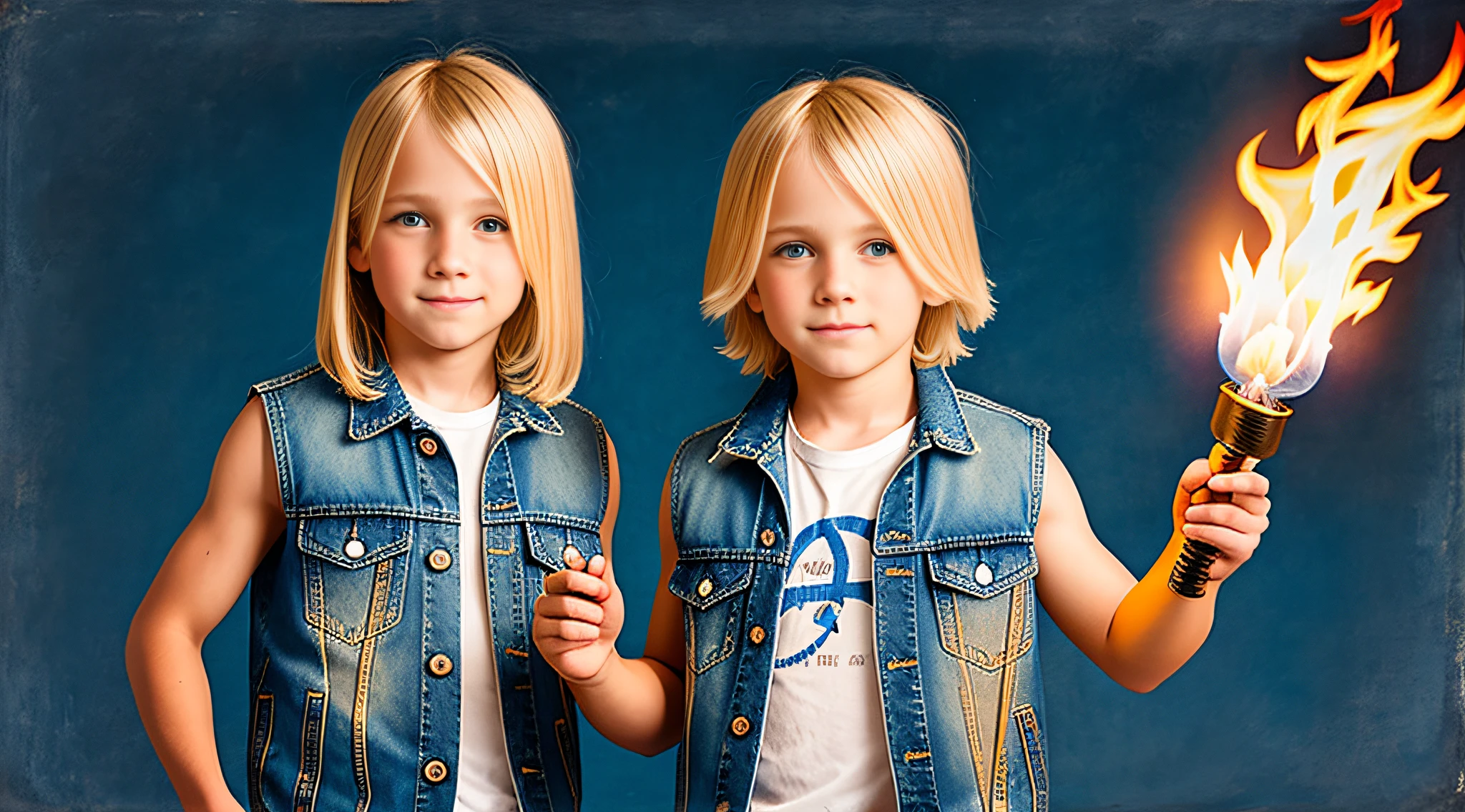 blonde child boys WITH STRAIGHT HAIR, WITH TORCHES of fire straw in hand, blue background. SLEEVELESS DENIM JACKET.