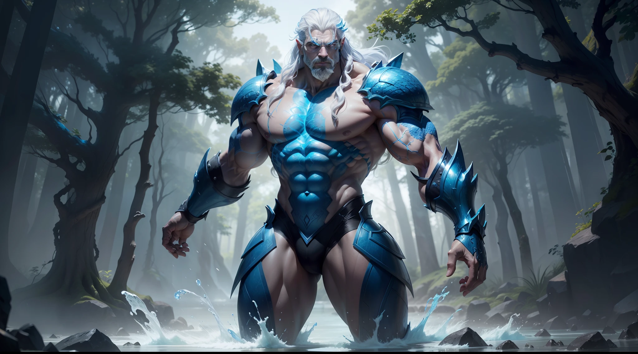 a muscular Poseidon being extremely strong, blue scaly translucent skin, red eyes, long white hair,wearing water armor, powerful, able to control nature, around which trees emerging impacting the ground with magic, unreal engine 5, keyshot, octane, artstation trending, ultra high detail, ultra realistic, cinematic,16k